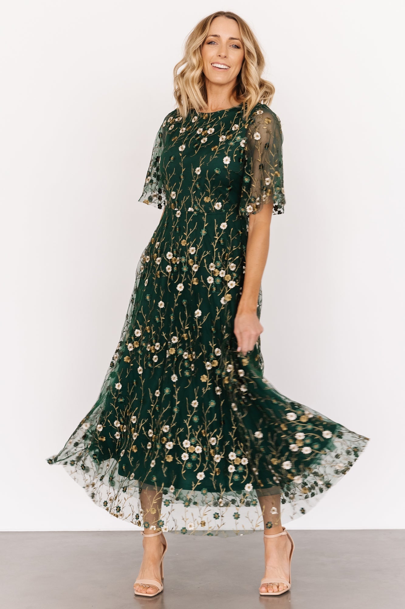 Arabella Embroidered Tulle Maxi Dress, Dark Green Floral