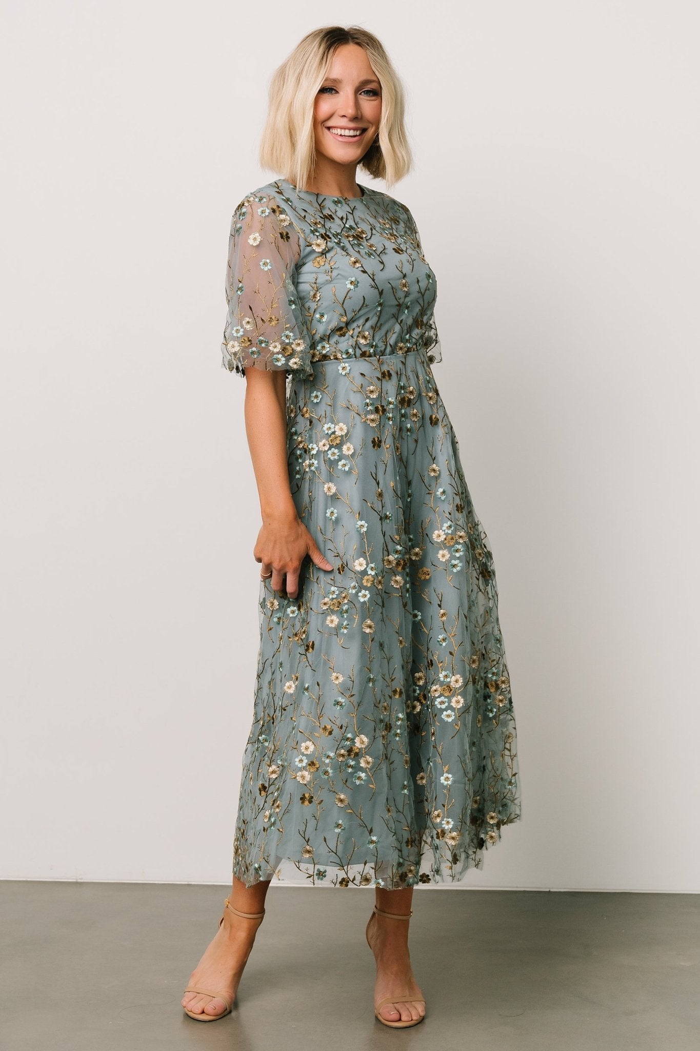 Arabella Embroidered Tulle Maxi Dress, Dusty Blue Floral
