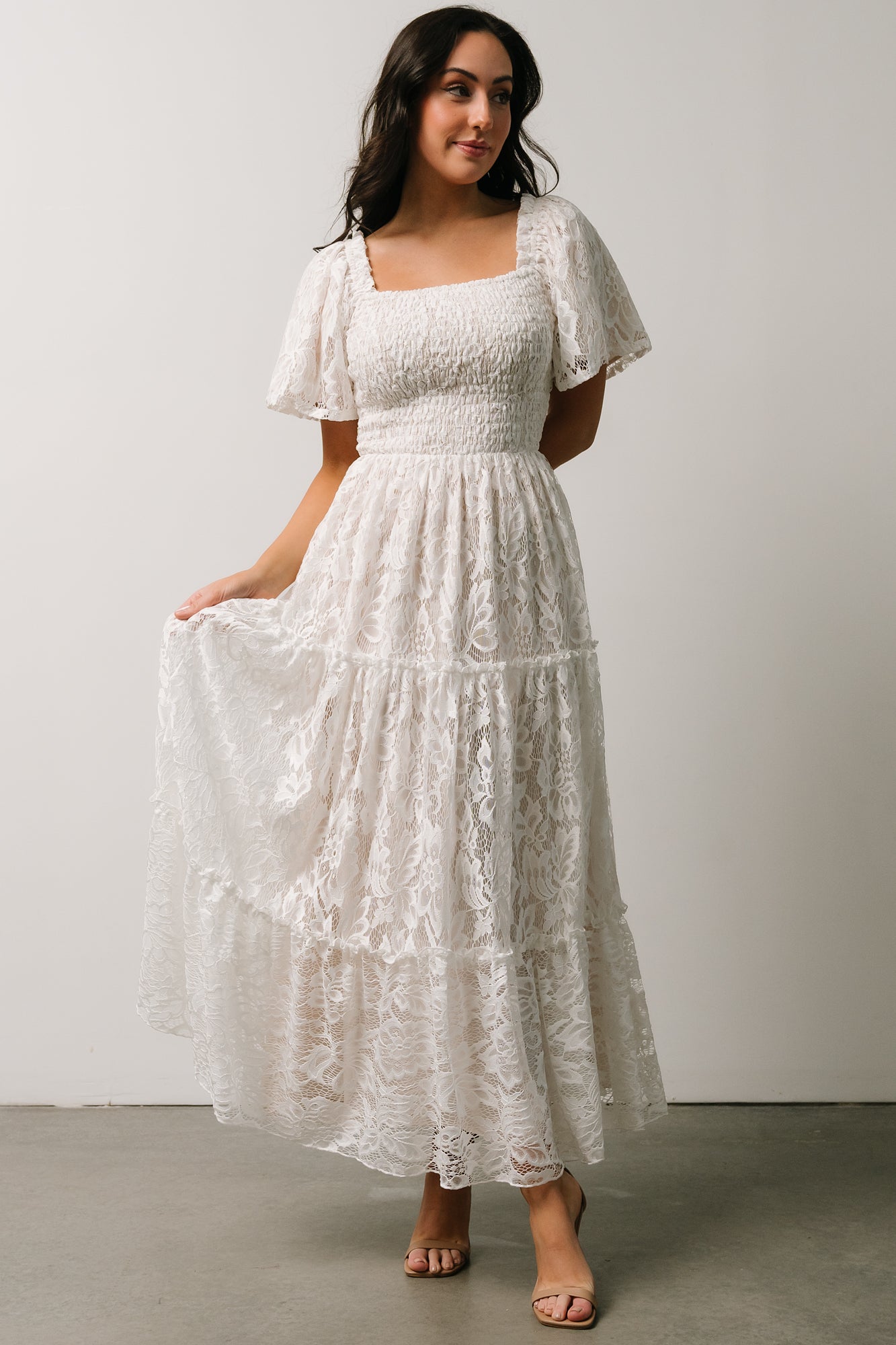 Aspen Smocked Lace Maxi Dress, Off White