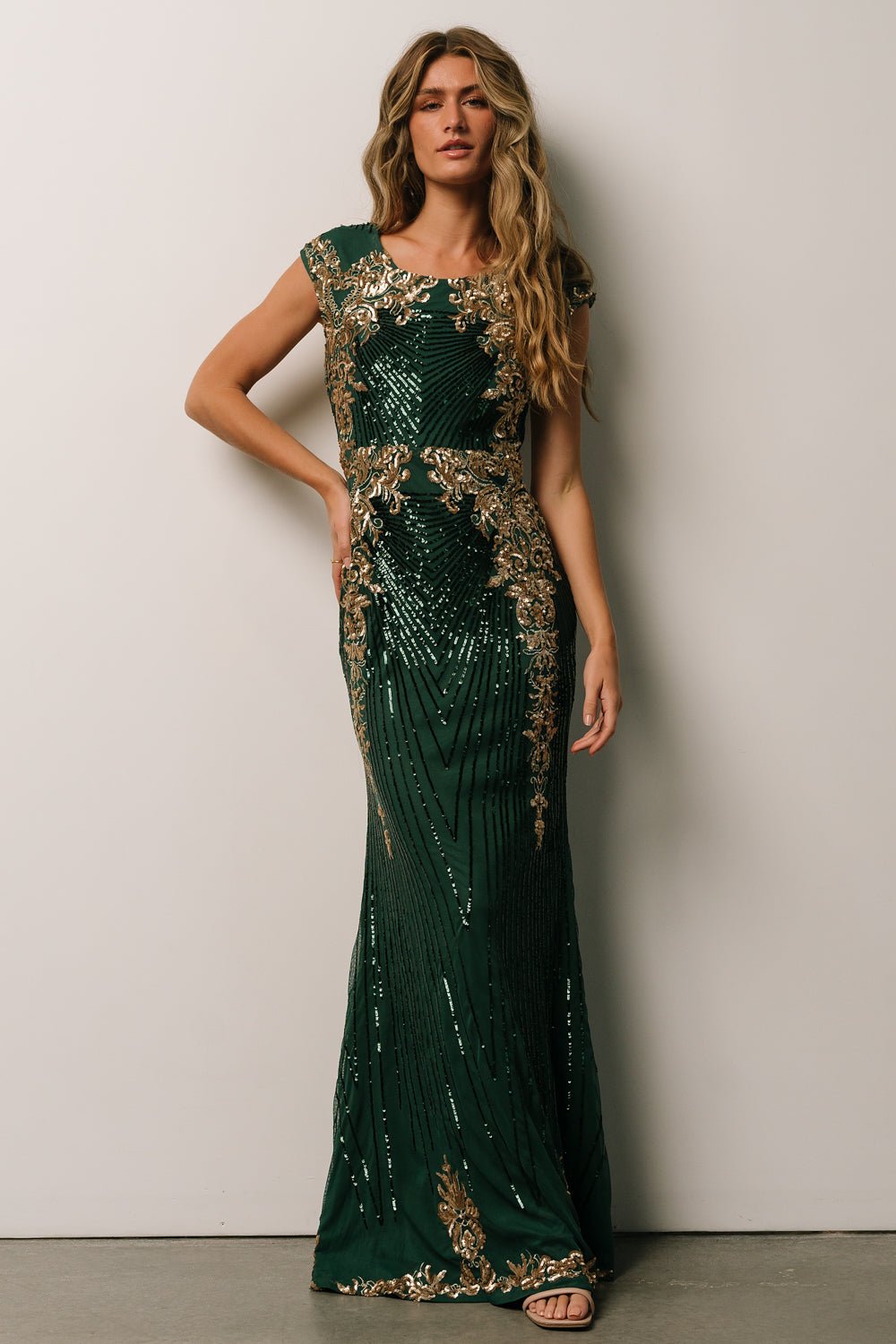 Baltic Born Azura Sequin Gown | Green + Gold - M