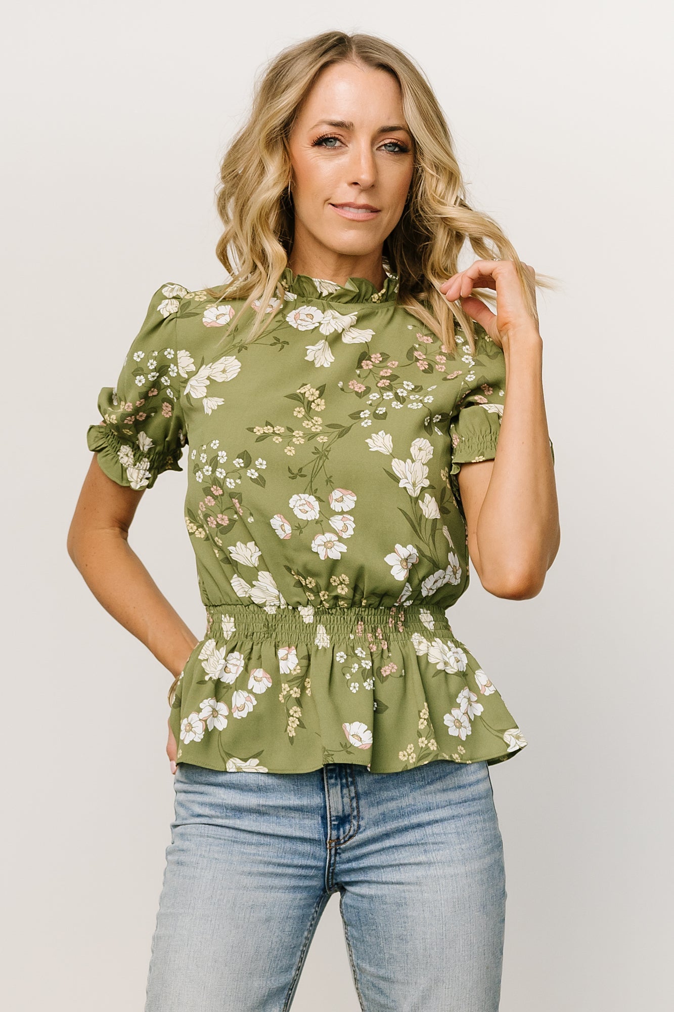 Beth Peplum Top Olive Floral