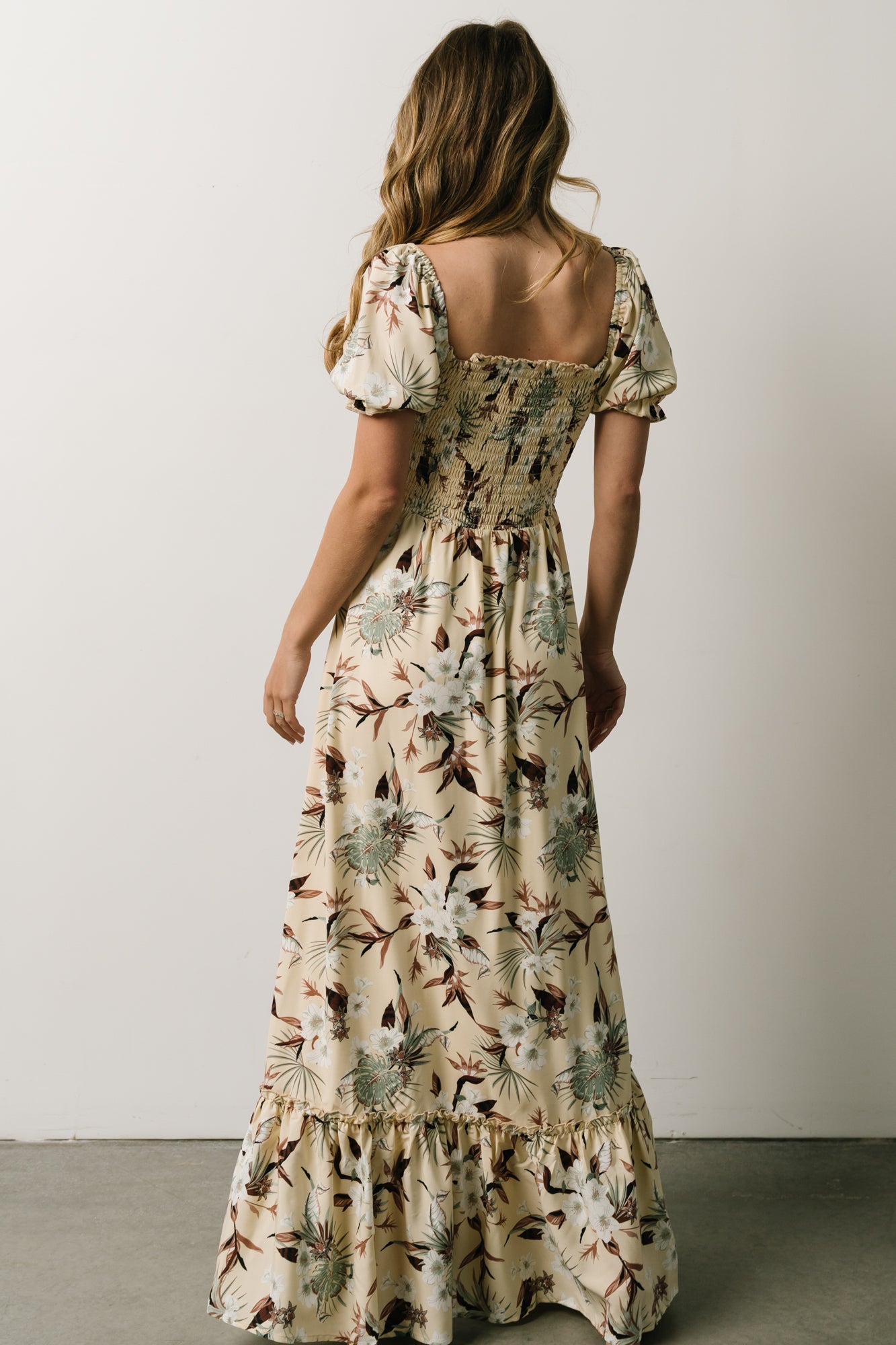 Capri Smocked Maxi Dress, Cream Palm Print