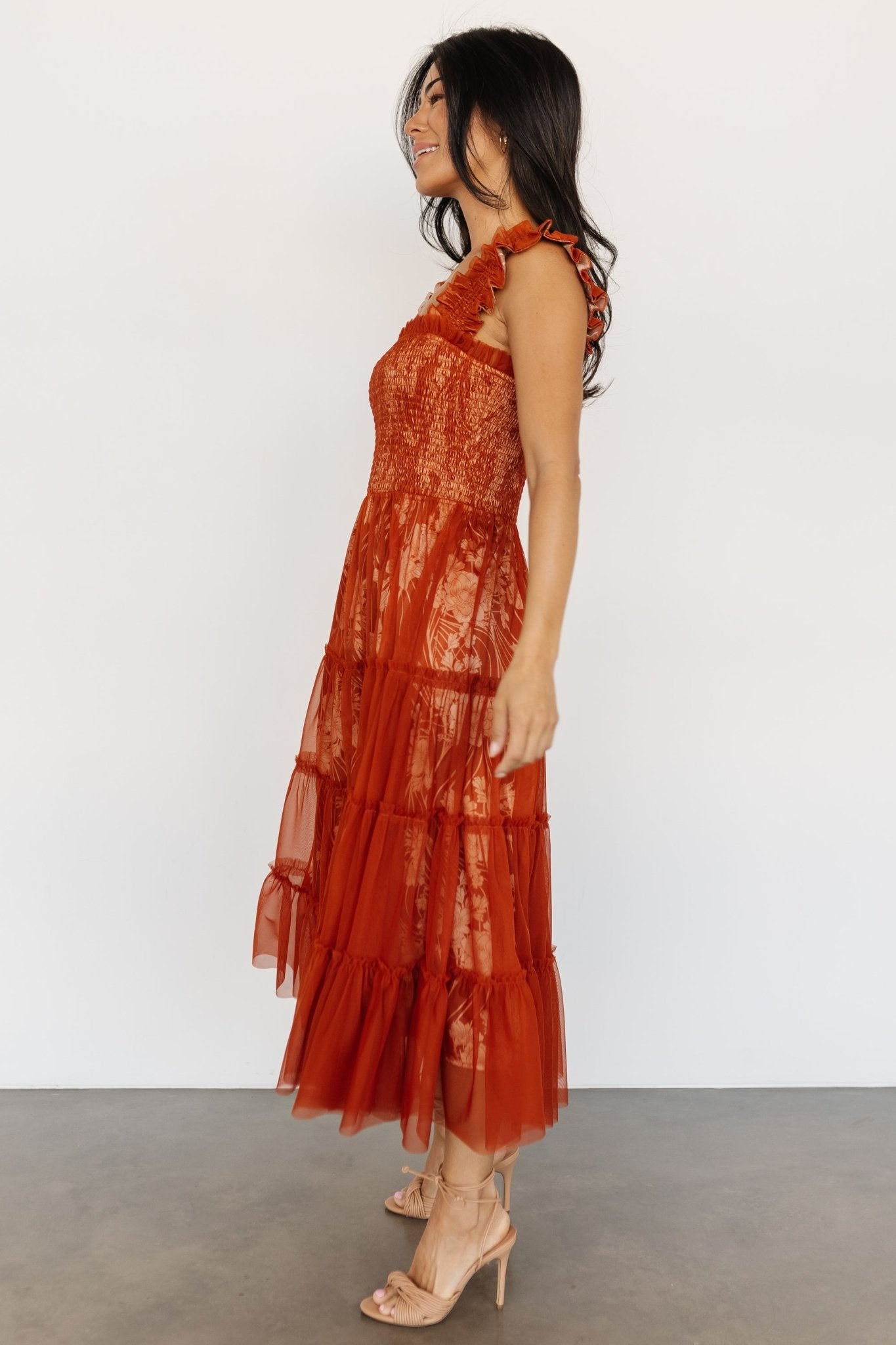 Women Enchanting Rust Solid Tulle Dress –