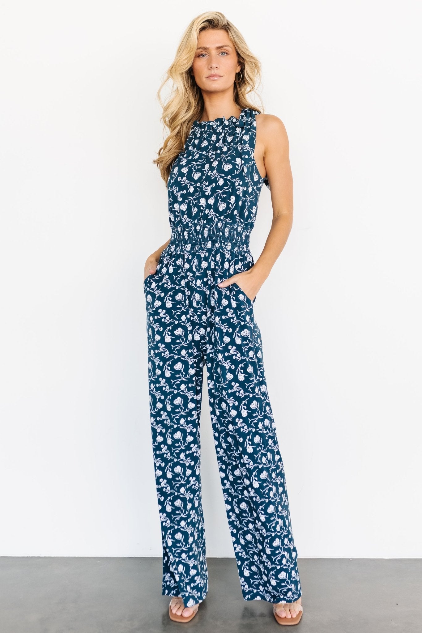 Birdie Floral Print Overalls - Navy