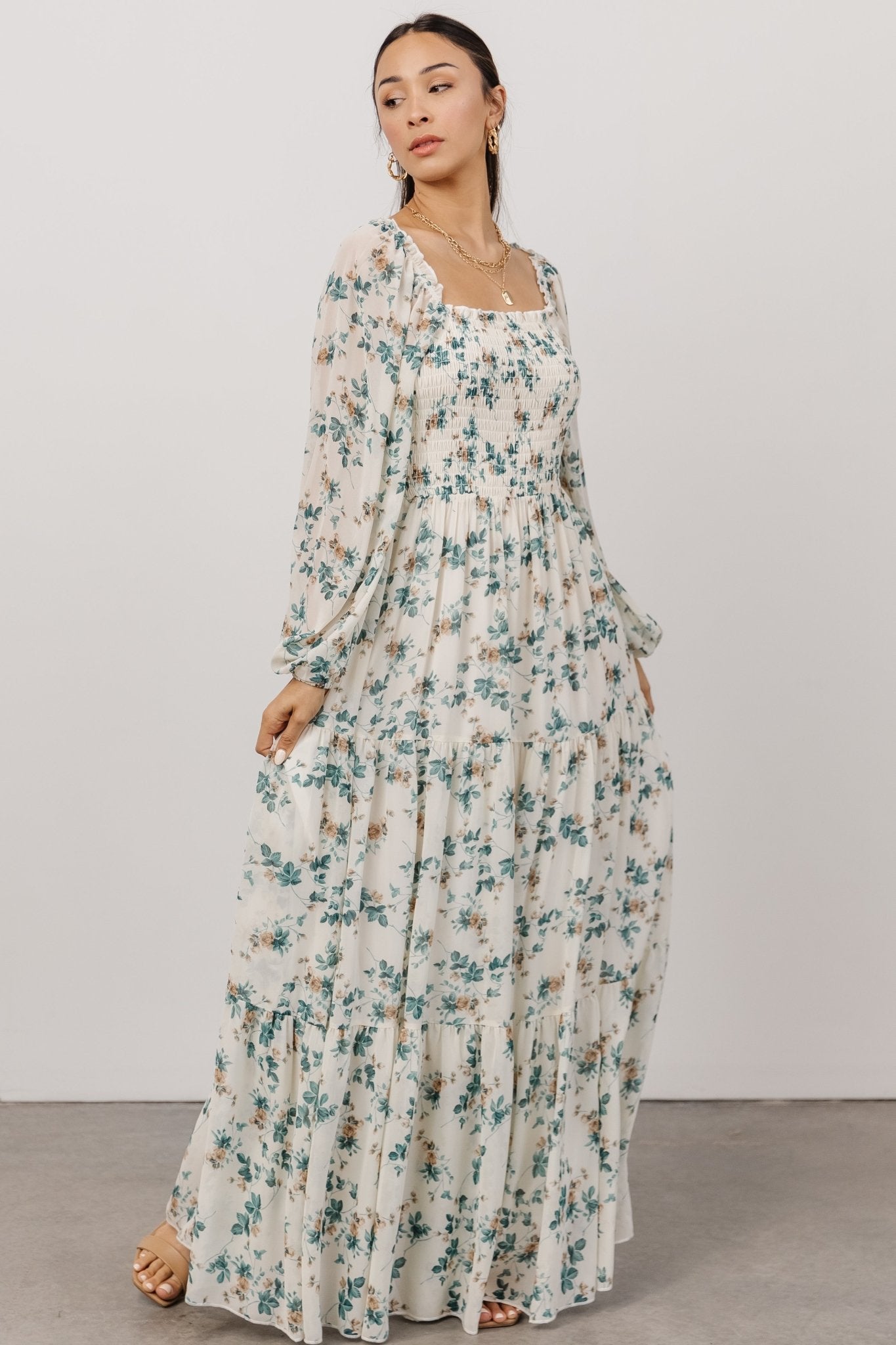 Isabela Smocked Maxi Dress, Ivory + Topaz Floral