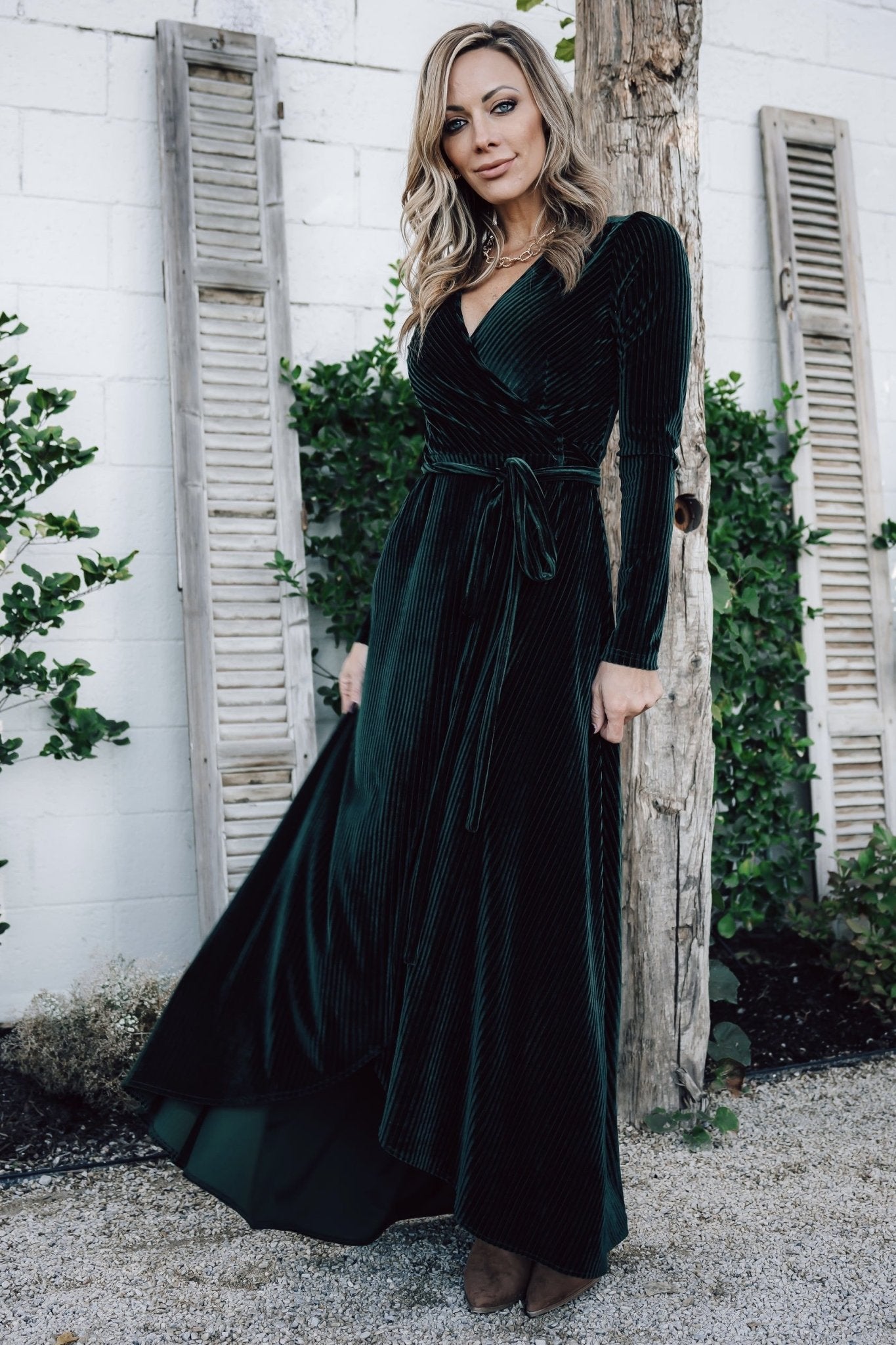 Jada Ribbed Velvet Wrap Dress | Emerald | Baltic Born