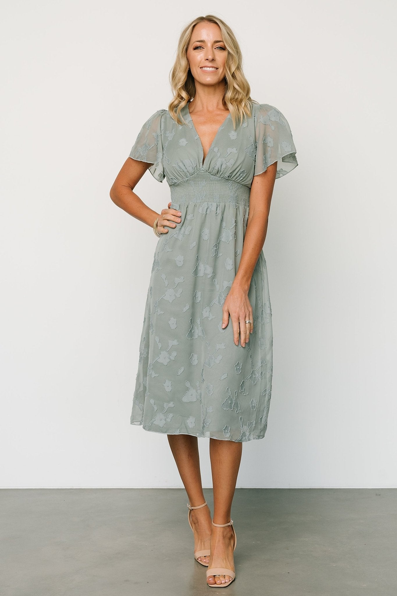 June Smocked Midi Dress | Eucalyptus June Smocked Midi Dress | Eucalyptus