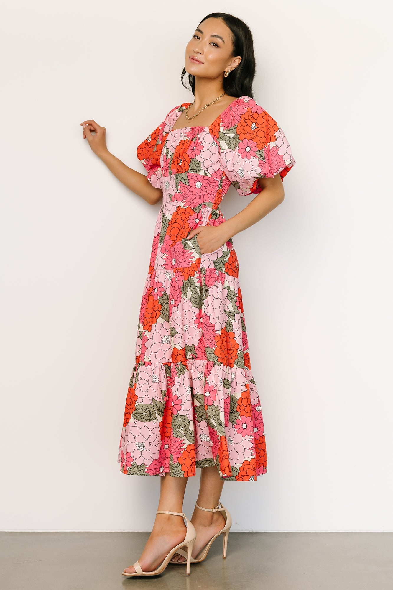 Kalena Midi Dress | Coral + Pink Floral