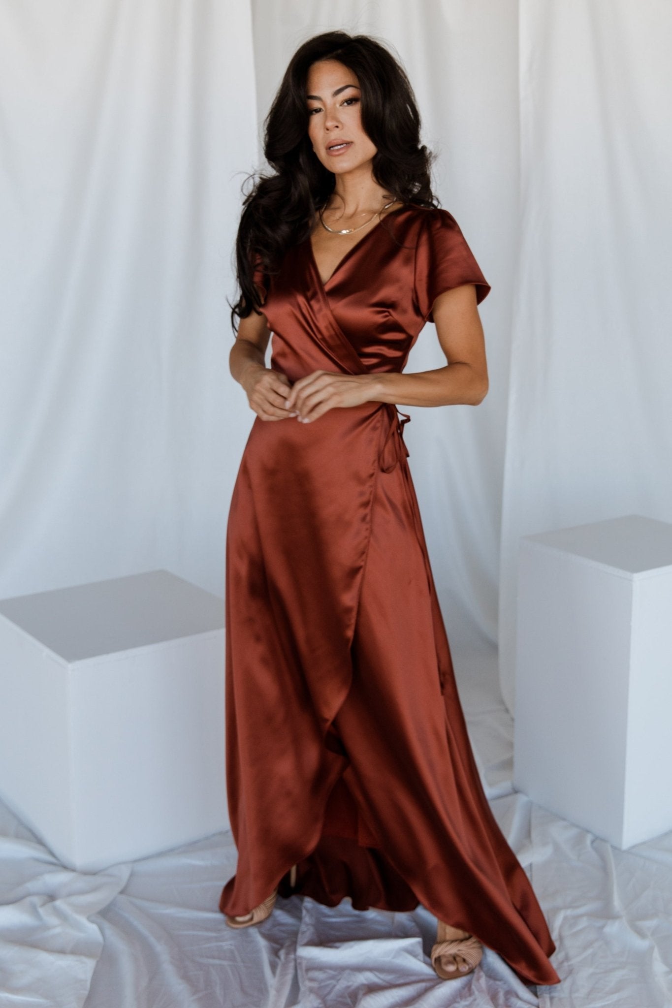 Long Satin Dress With Short Sleeves Baltic Born Womens Krystal Satin Wrap Gown | Cinnamon Long Satin Dress With Short Sleeves Baltic Born Womens Krystal Satin Wrap Gown | Cinnamon