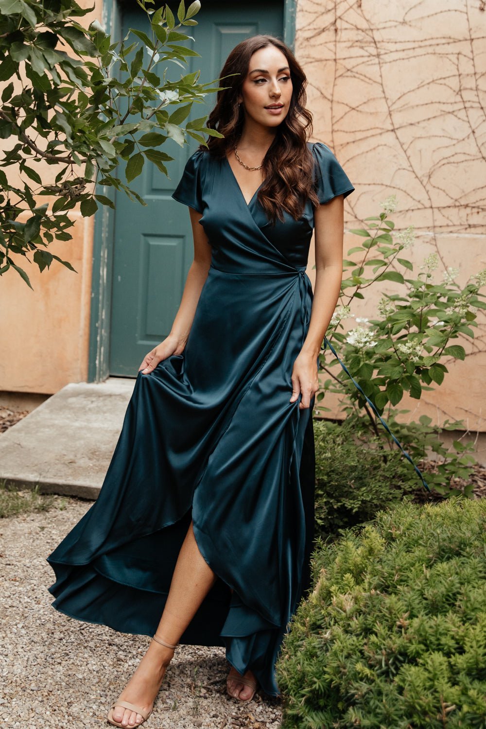 Krystal Satin Wrap Gown Deep Blue