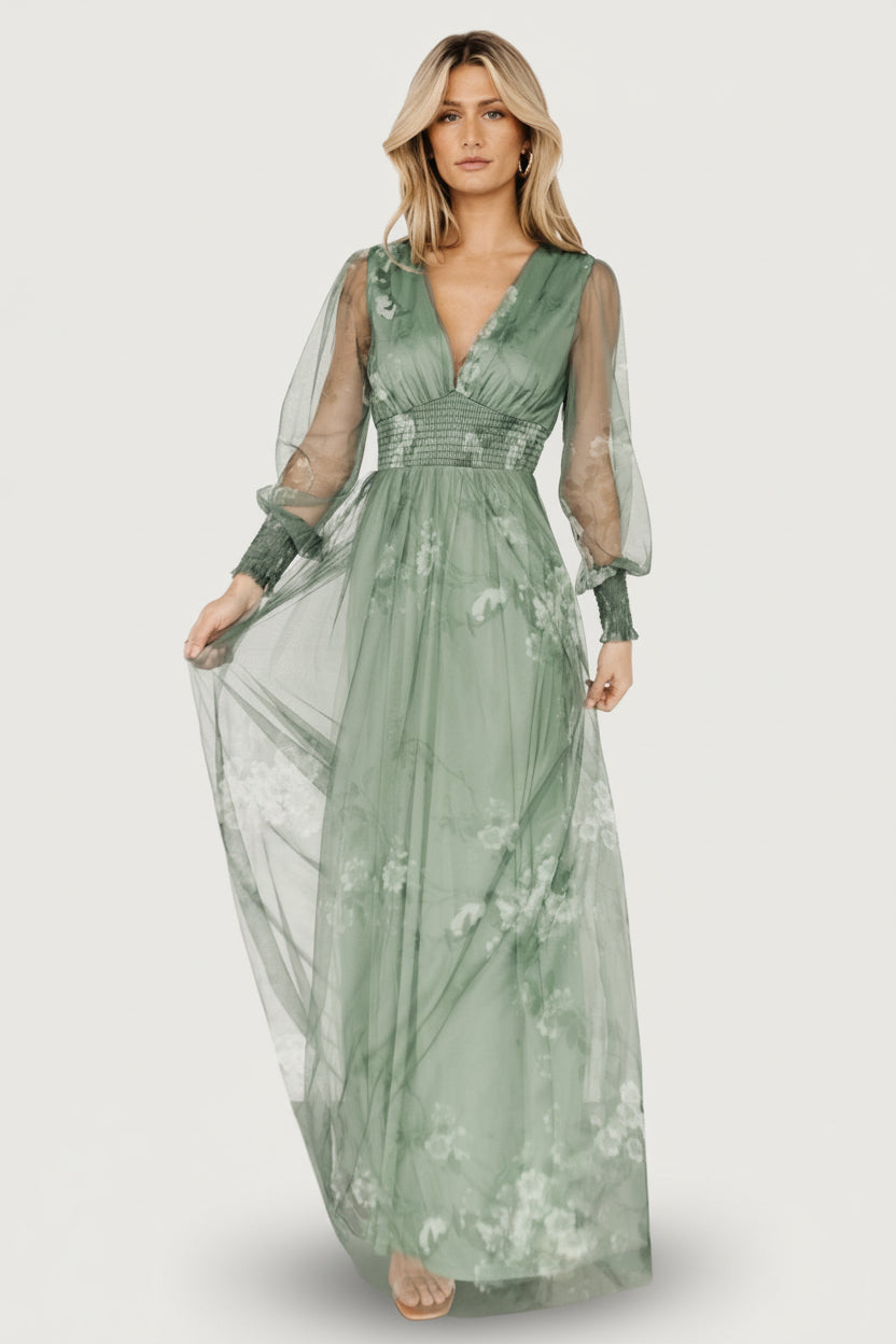 Layla Tulle Maxi Dress | Dusty Green Floral - Baltic Born