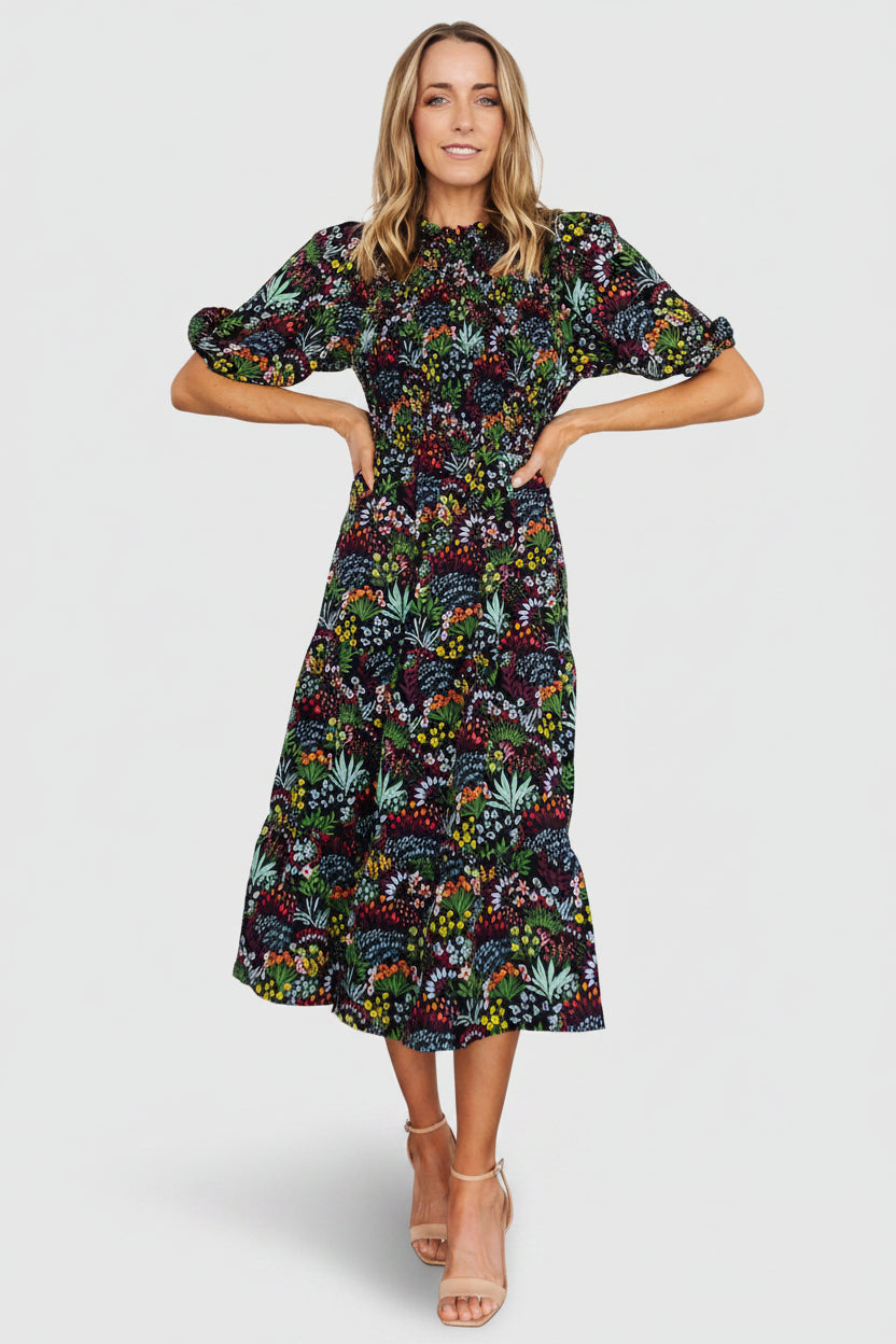 Baltic Born Womens Lena Tiered Midi Dress | Black Multi Floral