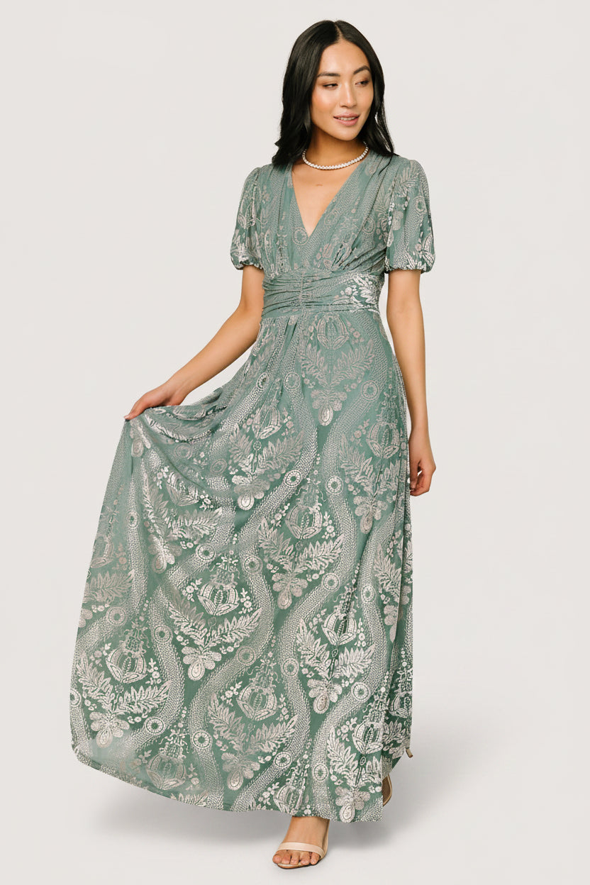Pattern detail close-up of the Sage + Silver print on the Leslie Embossed Velvet Maxi, showing scale and metallic highlights.