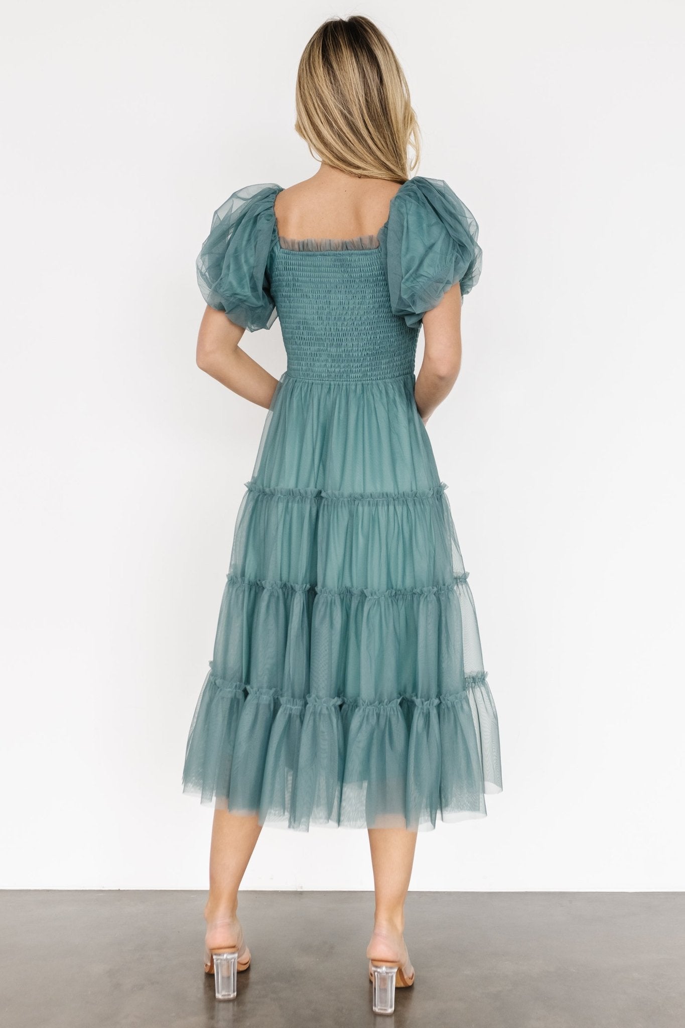 Back and sleeve detail of eucalyptus tulle midi dress showing lined bodice, ruffle puff sleeve seam and tiered back silhouette.