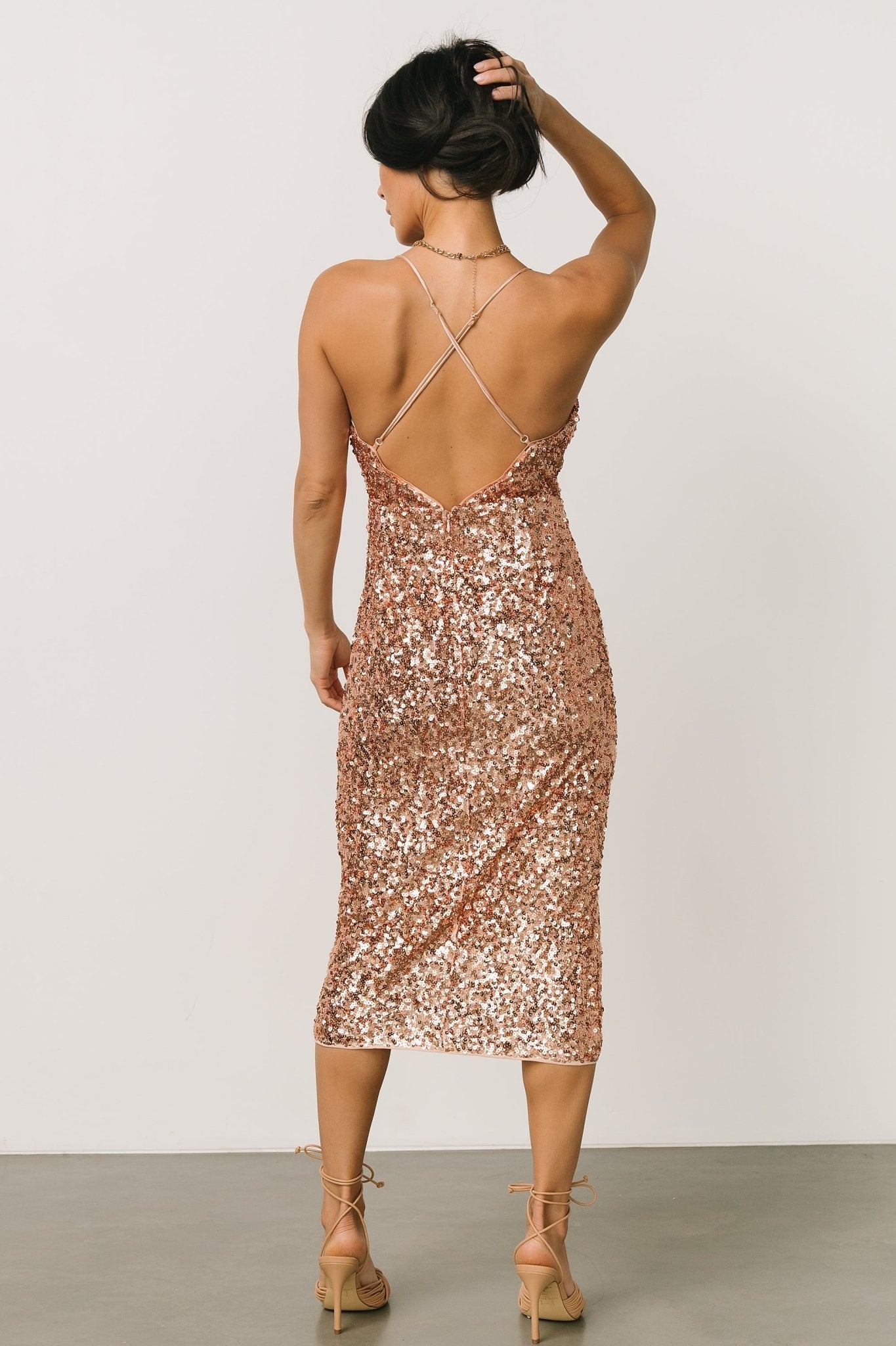 Zurich Long Sleeve Sequin Gown, Rose Gold