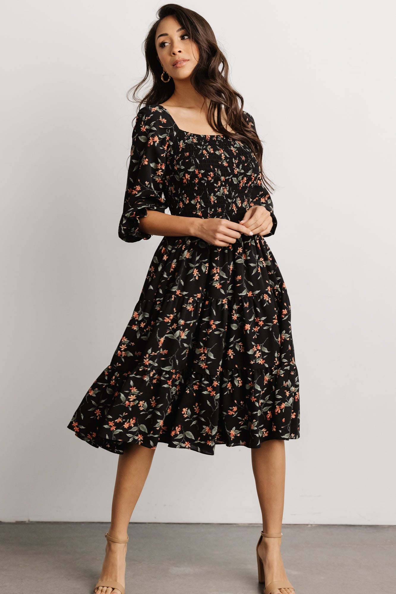 Marta Smocked Midi Dress, Black Floral
