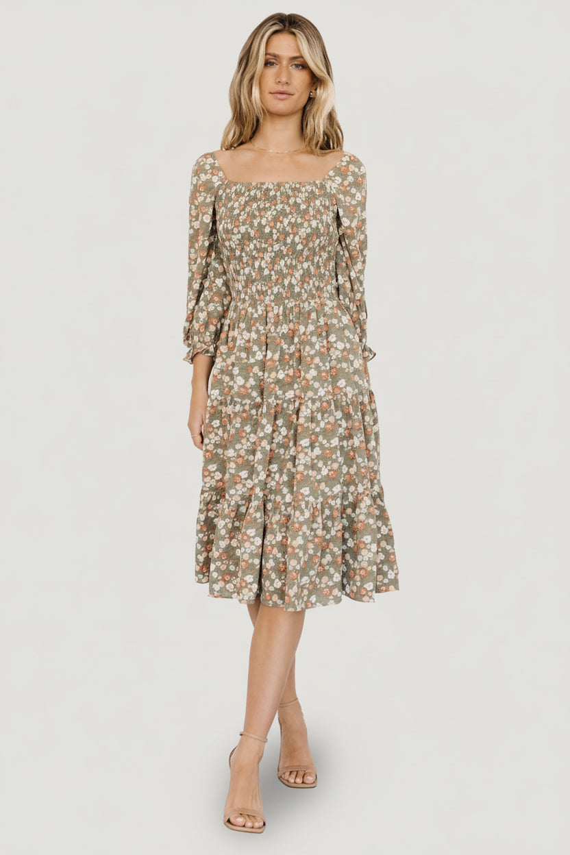 Baltic Born Womens Marta Smocked Midi Dress | Dusty Olive Floral | Size: 3XL Baltic Born Womens Marta Smocked Midi Dress | Dusty Olive Floral | Size: 3XL