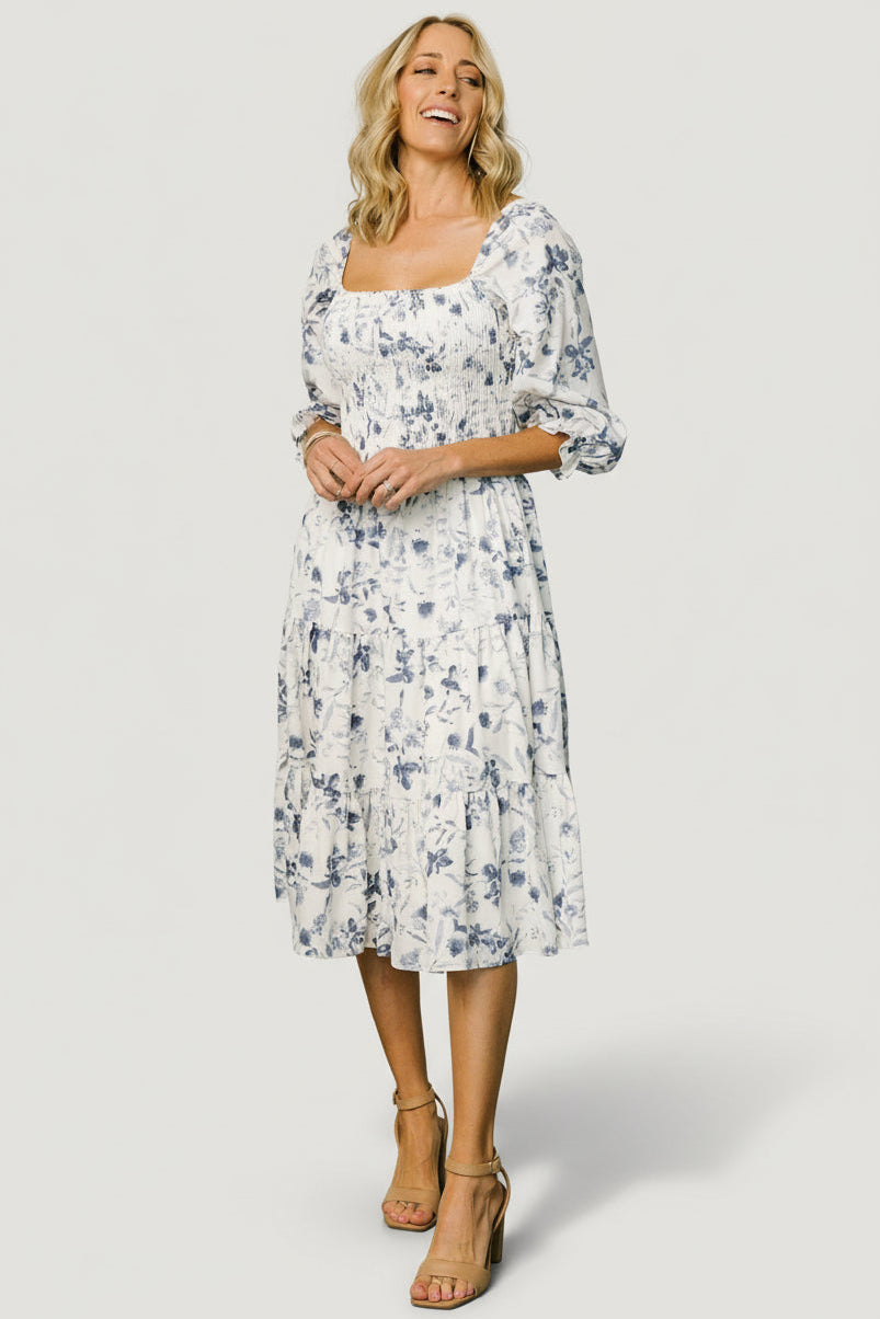 Baltic Born Womens Marta Smocked Midi Dress | White + Blue | Size: 2XL Baltic Born Womens Marta Smocked Midi Dress | White + Blue | Size: 2XL