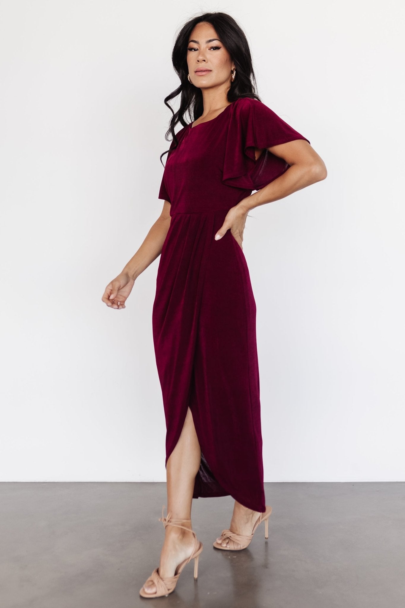 burgundy midi dress with sleeves Printed Mesh Long Sleeve make a statement in Linden Nadine Merabi Diane Burgundy Dress