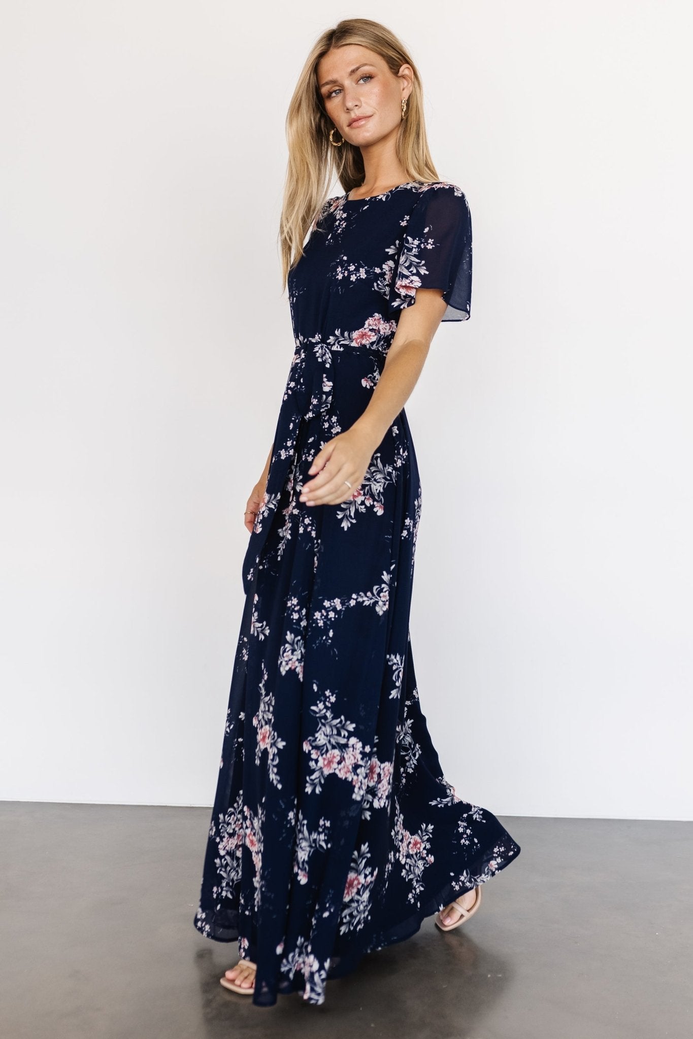 short sleeve maxi dress formal Tamsin Modal / Mahogany | MESHKI flattering fit Chiffon Dress Short Sleeve Maxi