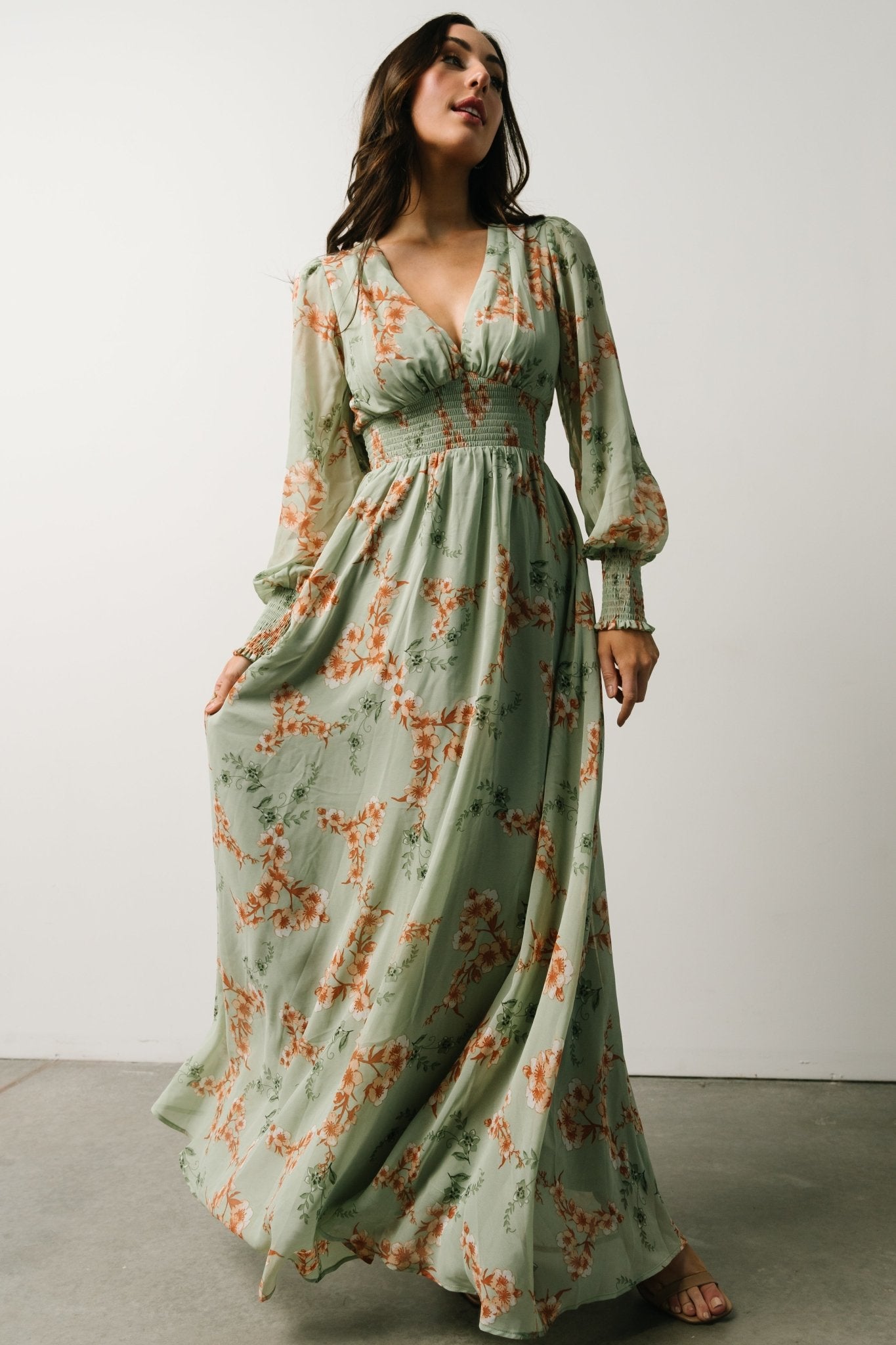 Dress | Olivia Maxi | Floral Born Sage + Baltic Peach