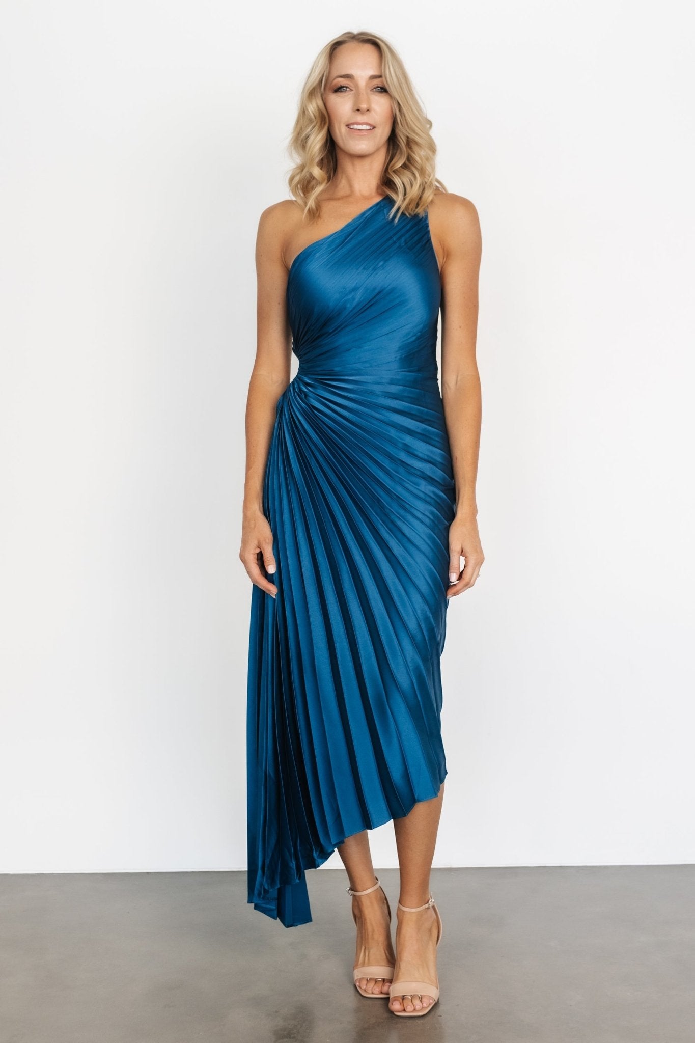 Presley One Shoulder Pleated Dress, Sapphire