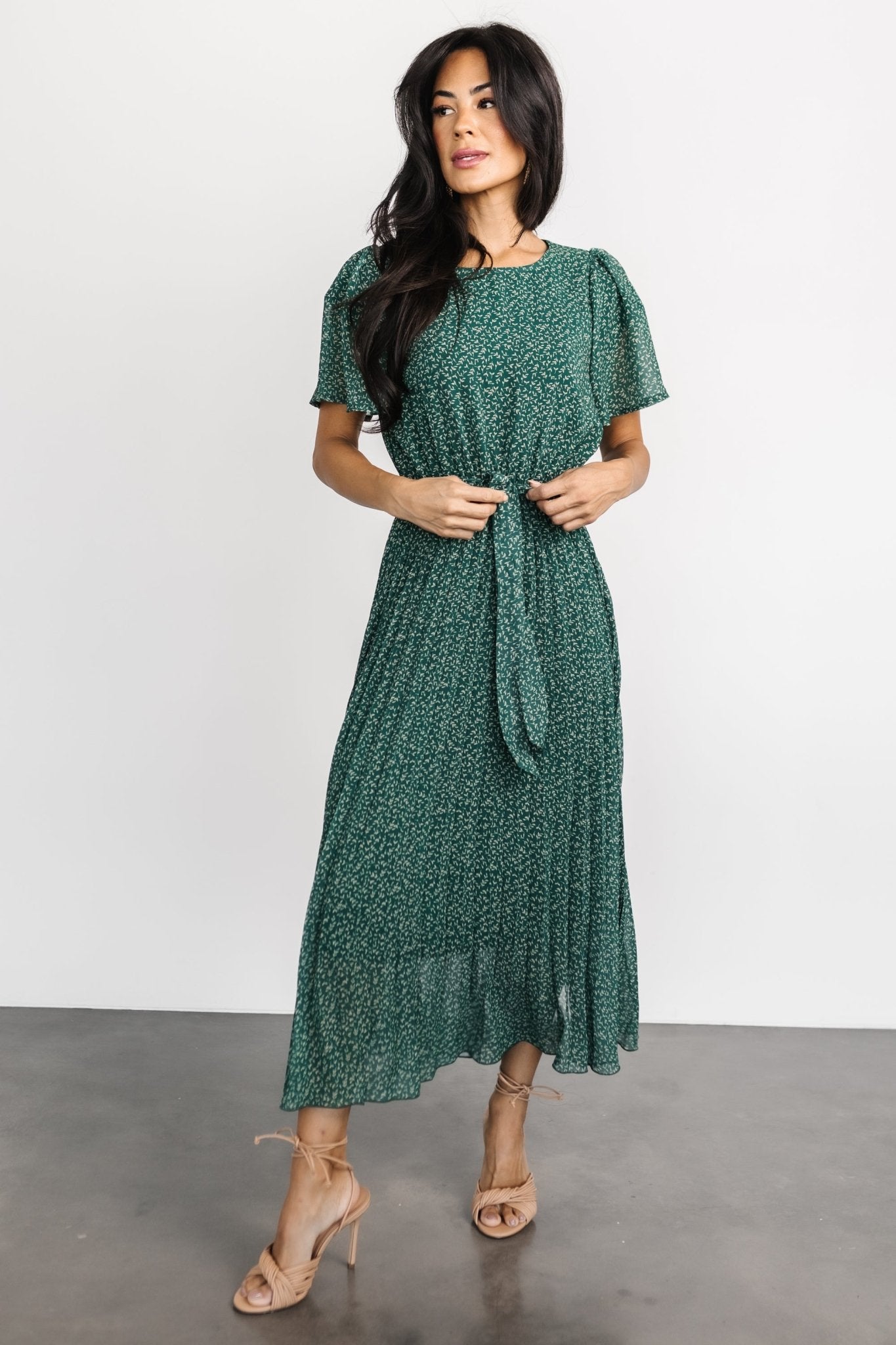 Prim Pleated Midi Dress - Green Floral Chiffon | Baltic Born 1XL Prim Pleated Midi Dress - Green Floral Chiffon | Baltic Born 1XL