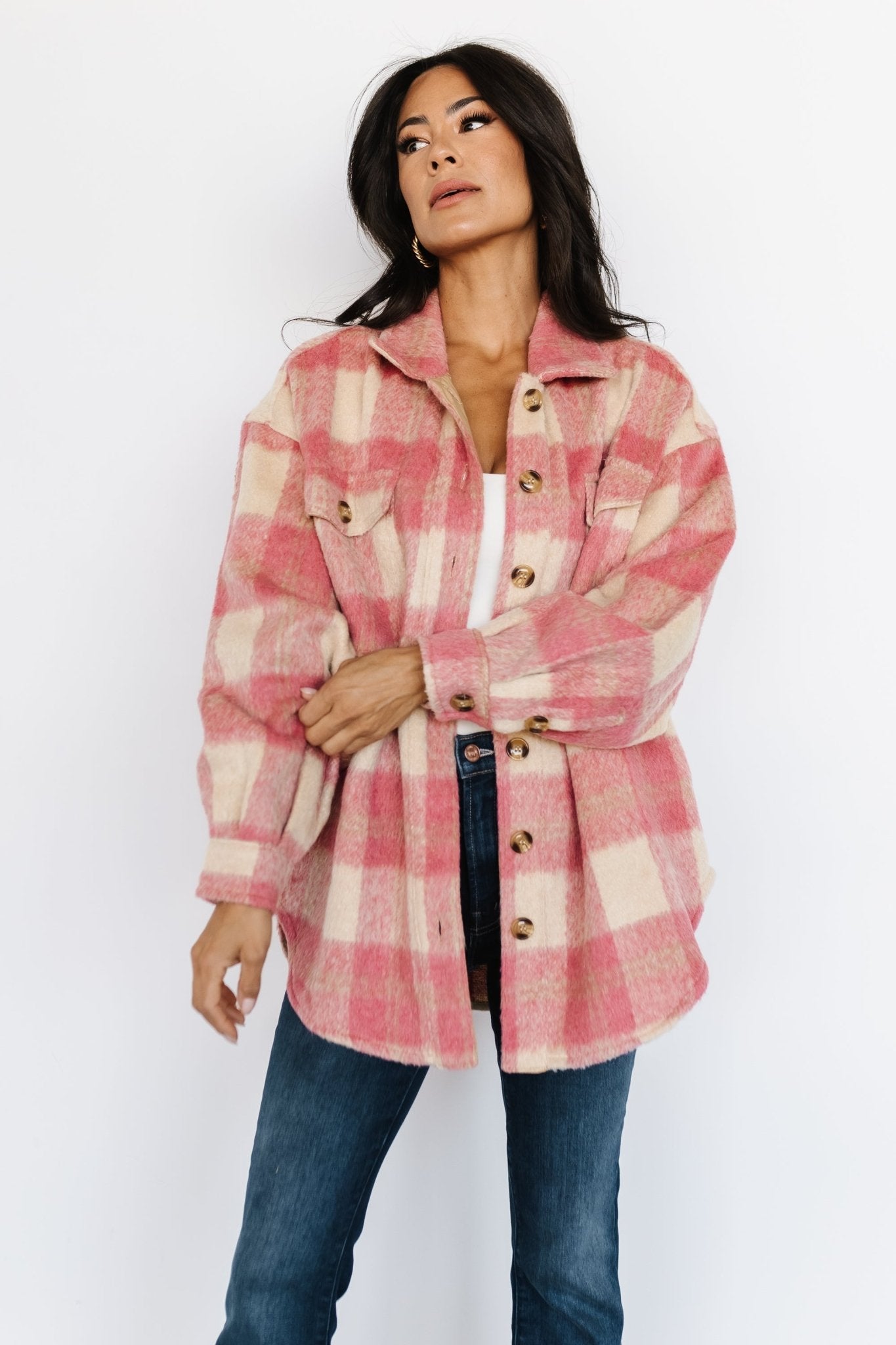 Sharon Plaid Shacket, Pink + Sand