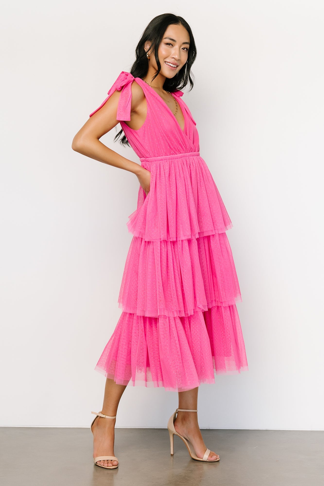 Coast High Neck Tulle Tiered Midi Dress, Hot Pink