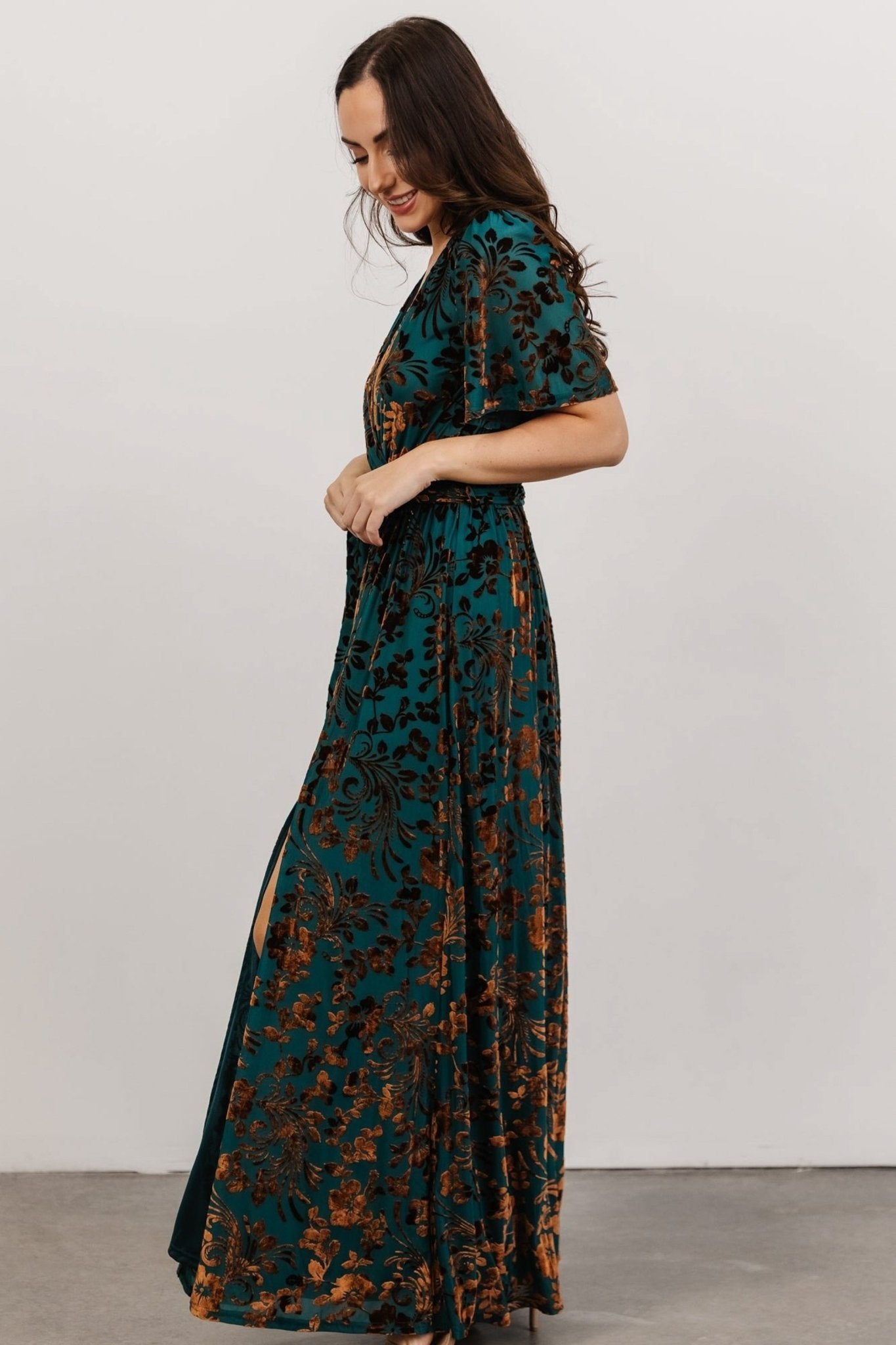 Uma Velvet Maxi Dress | Bronze + Jade
