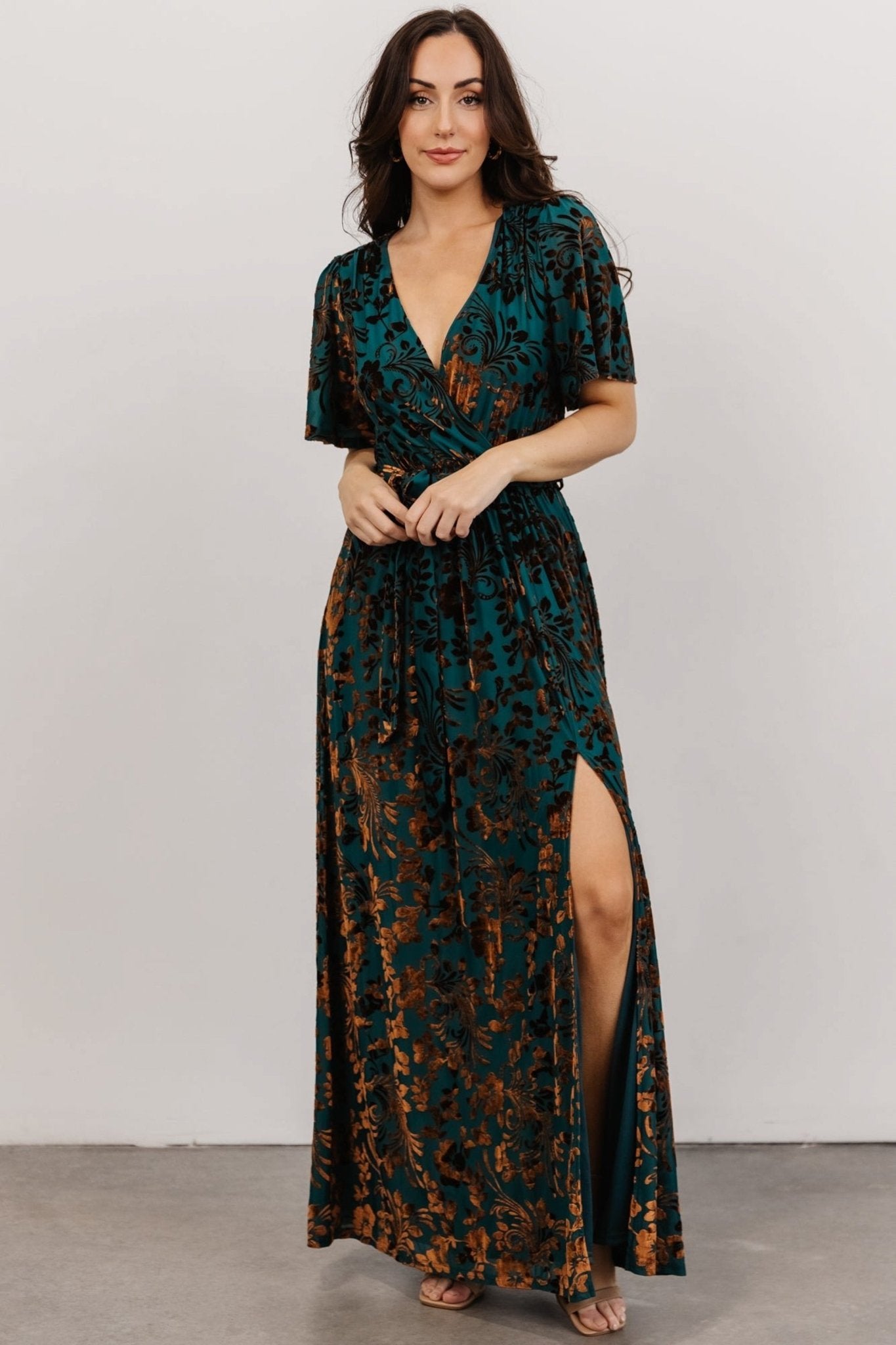 Uma Velvet Maxi Dress | Bronze + Jade