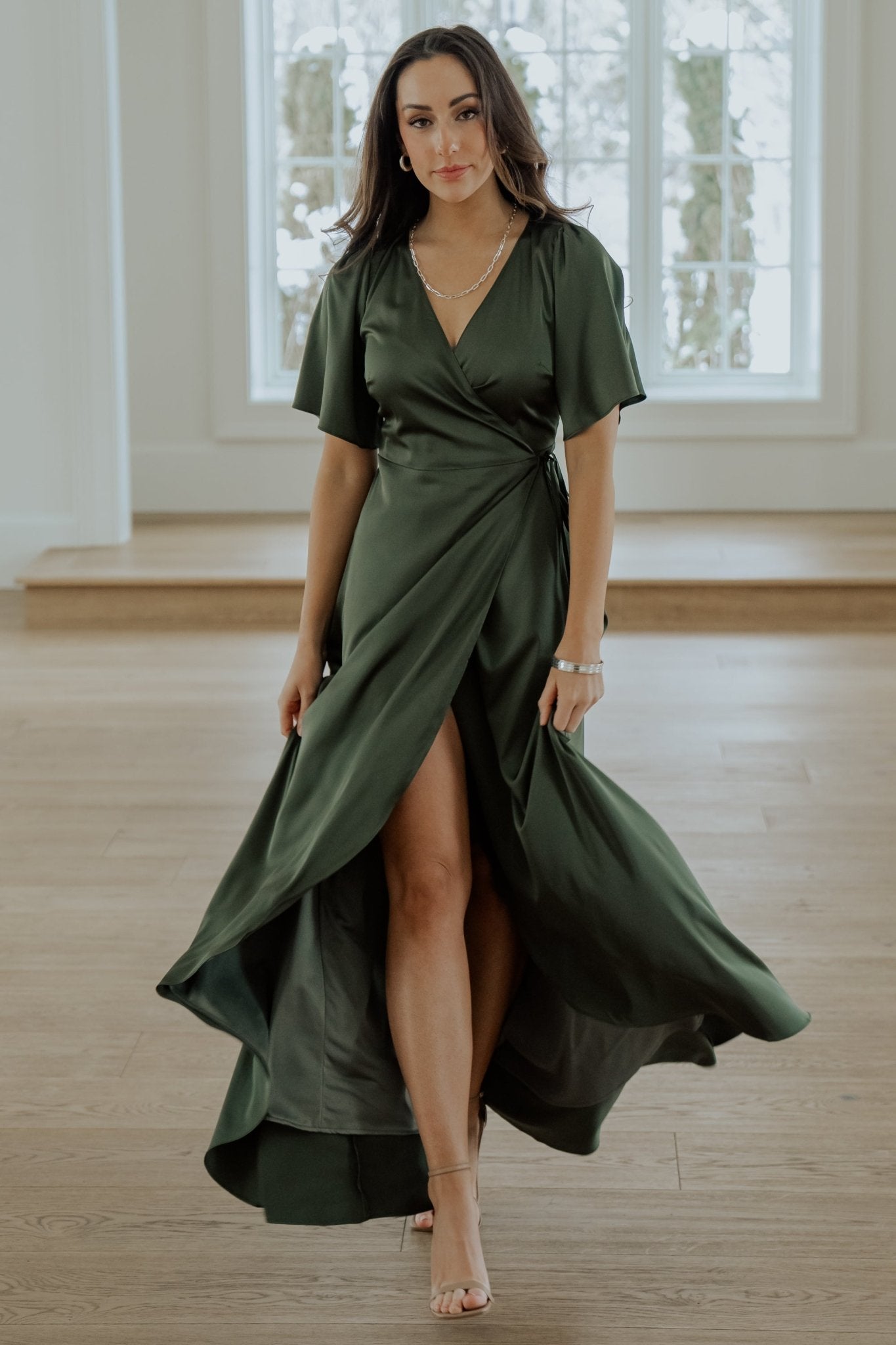 Vara Satin Maxi Wrap Dress Juniper Green - Main Image