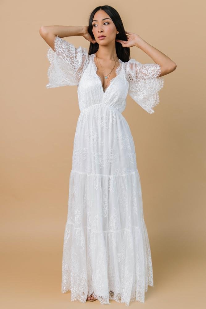 Devoted to Bliss White Lace Cap Sleeve Cutout Trumpet Maxi Dress