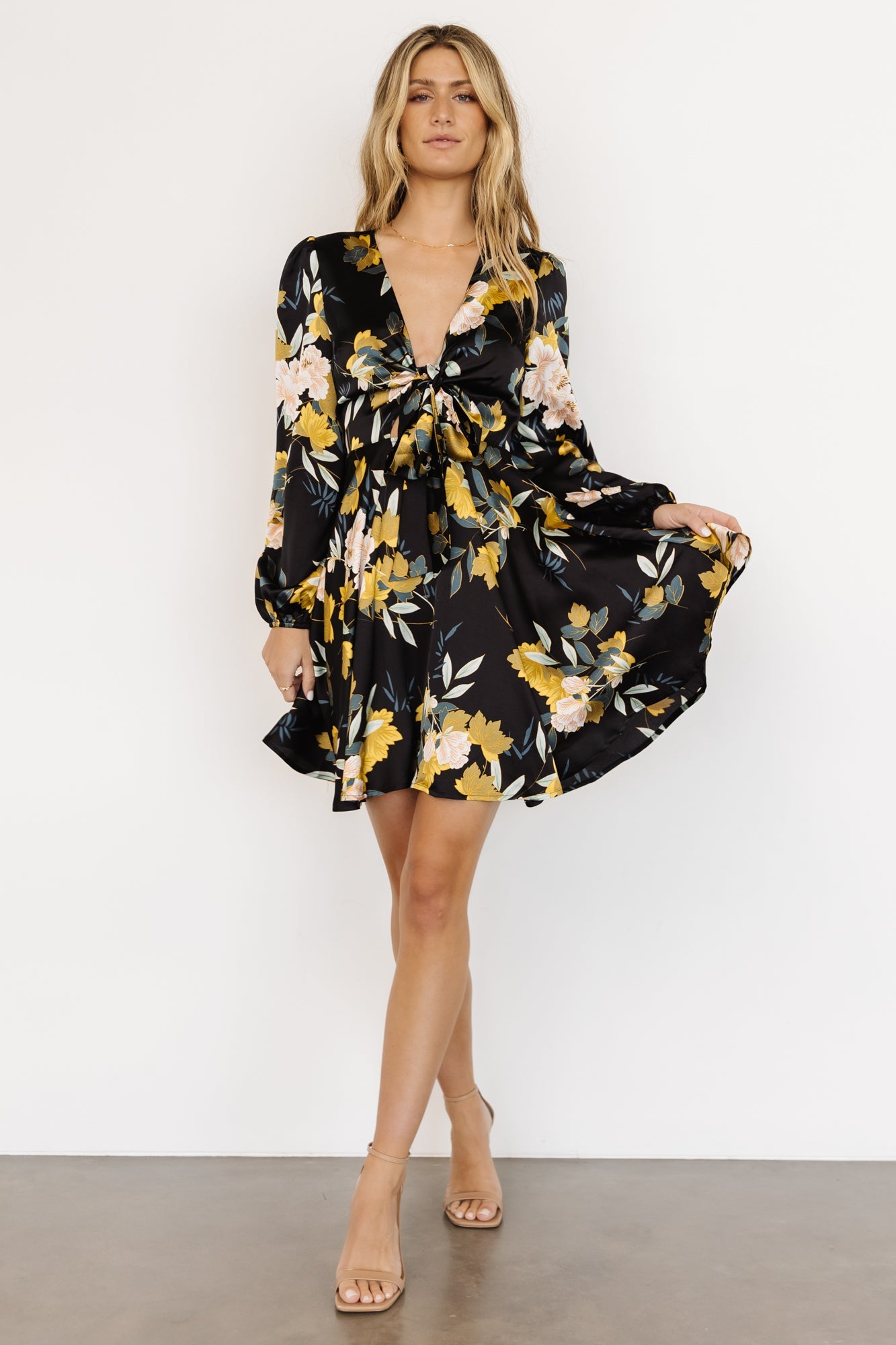 Harmony Midi Dress - Floral Detail Cup Bust Satin Dress in Black