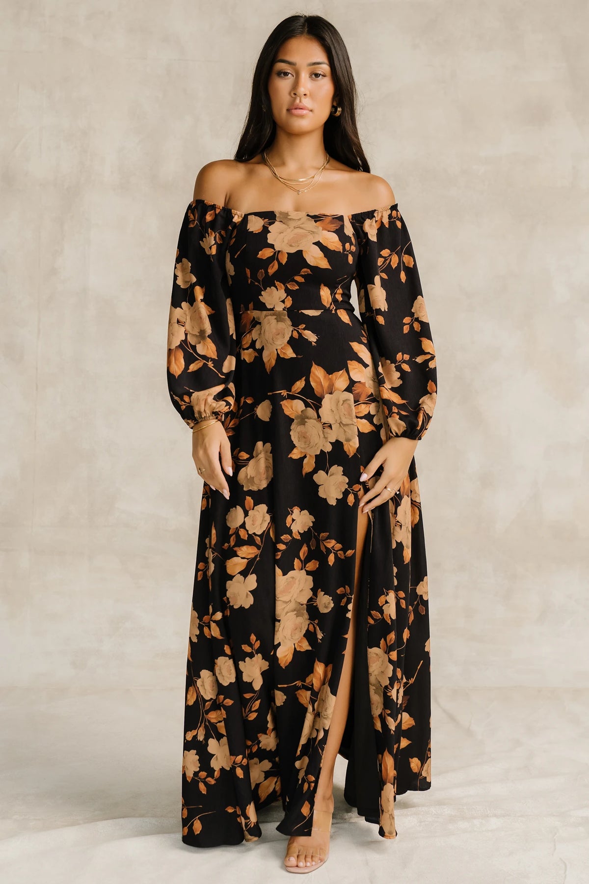 Cordelia Off Shoulder Maxi Dress | Black + Gold Floral
