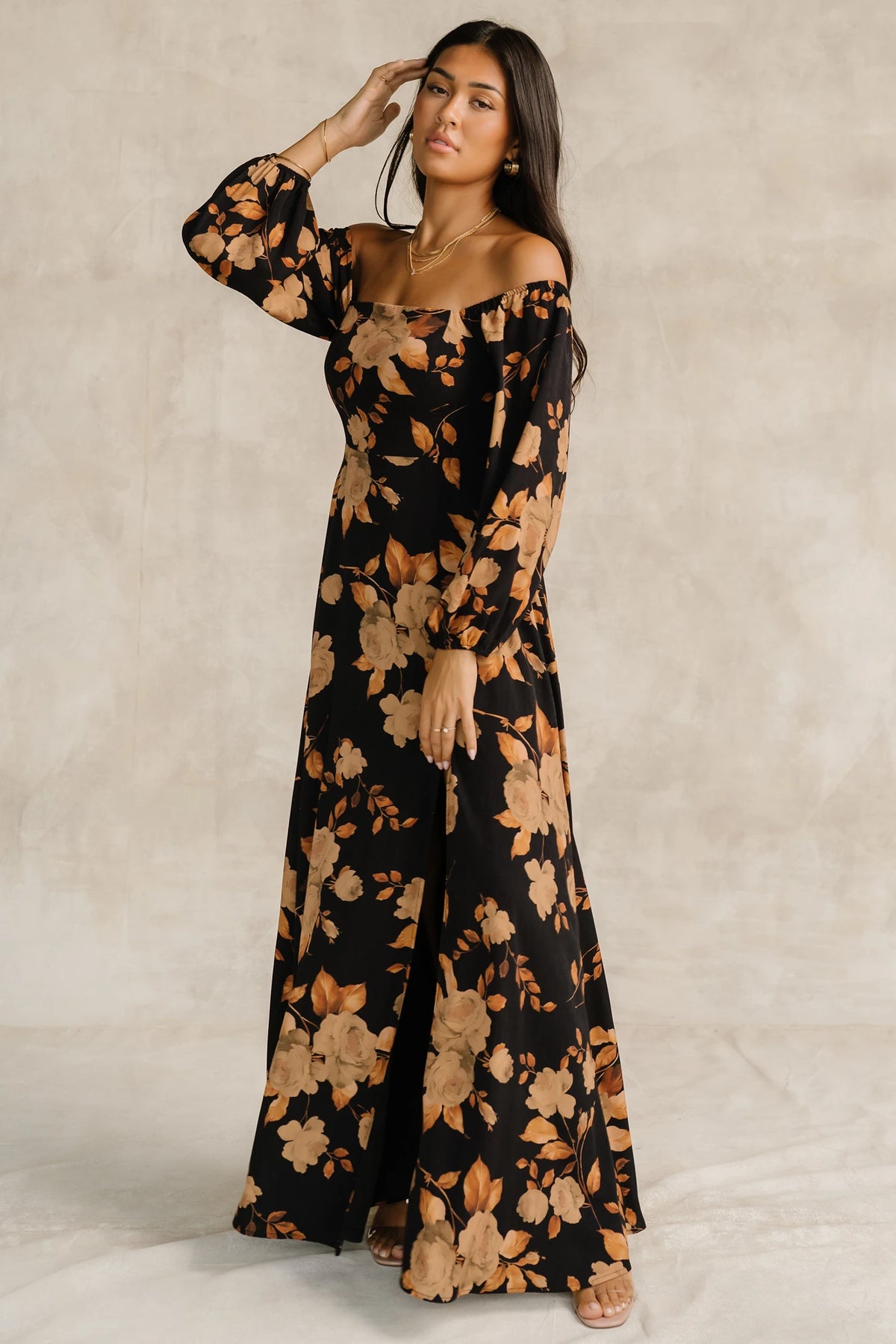 Cordelia Off Shoulder Maxi Dress | Black + Gold Floral