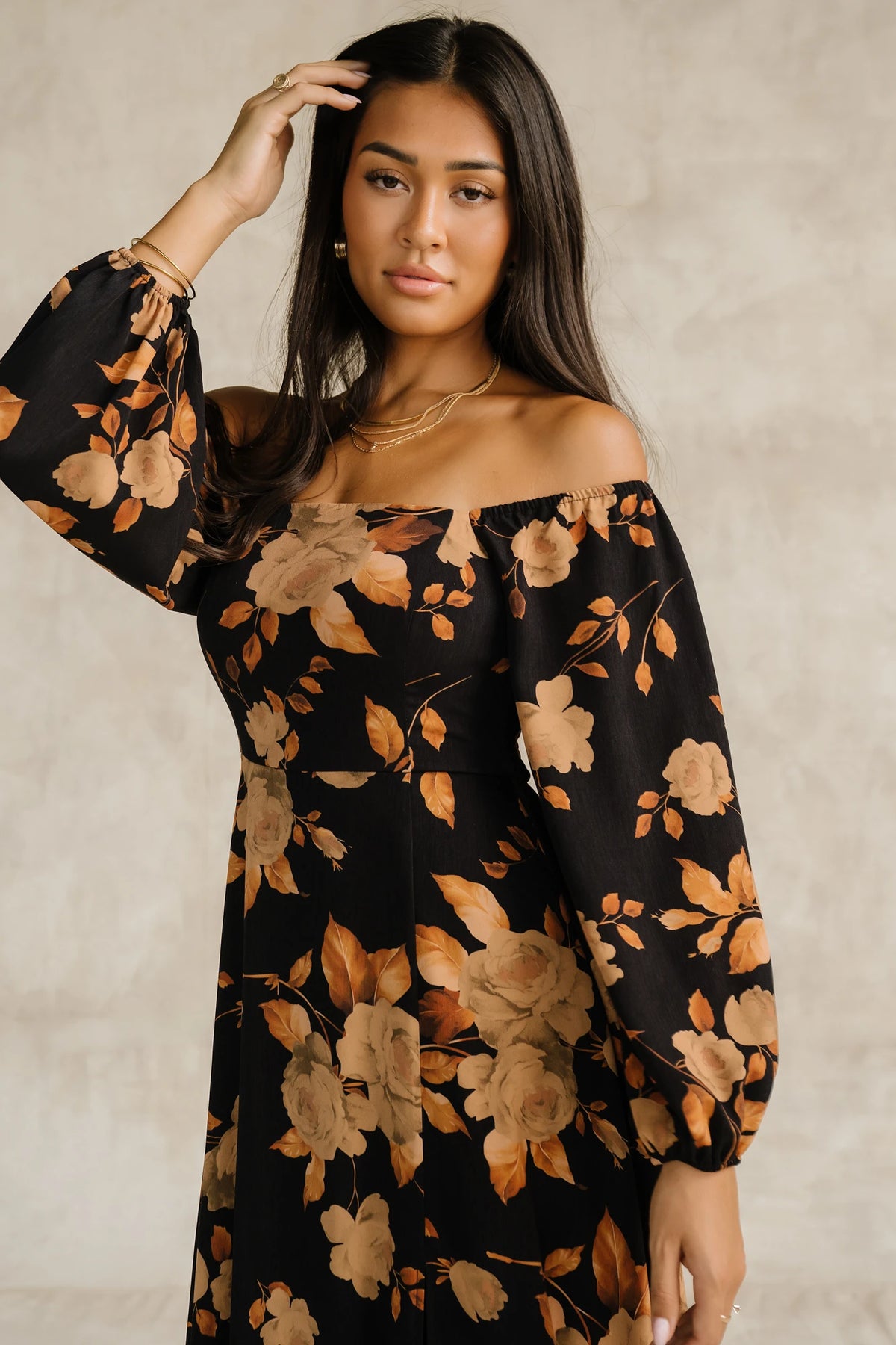 Cordelia Off Shoulder Maxi Dress | Black + Gold Floral