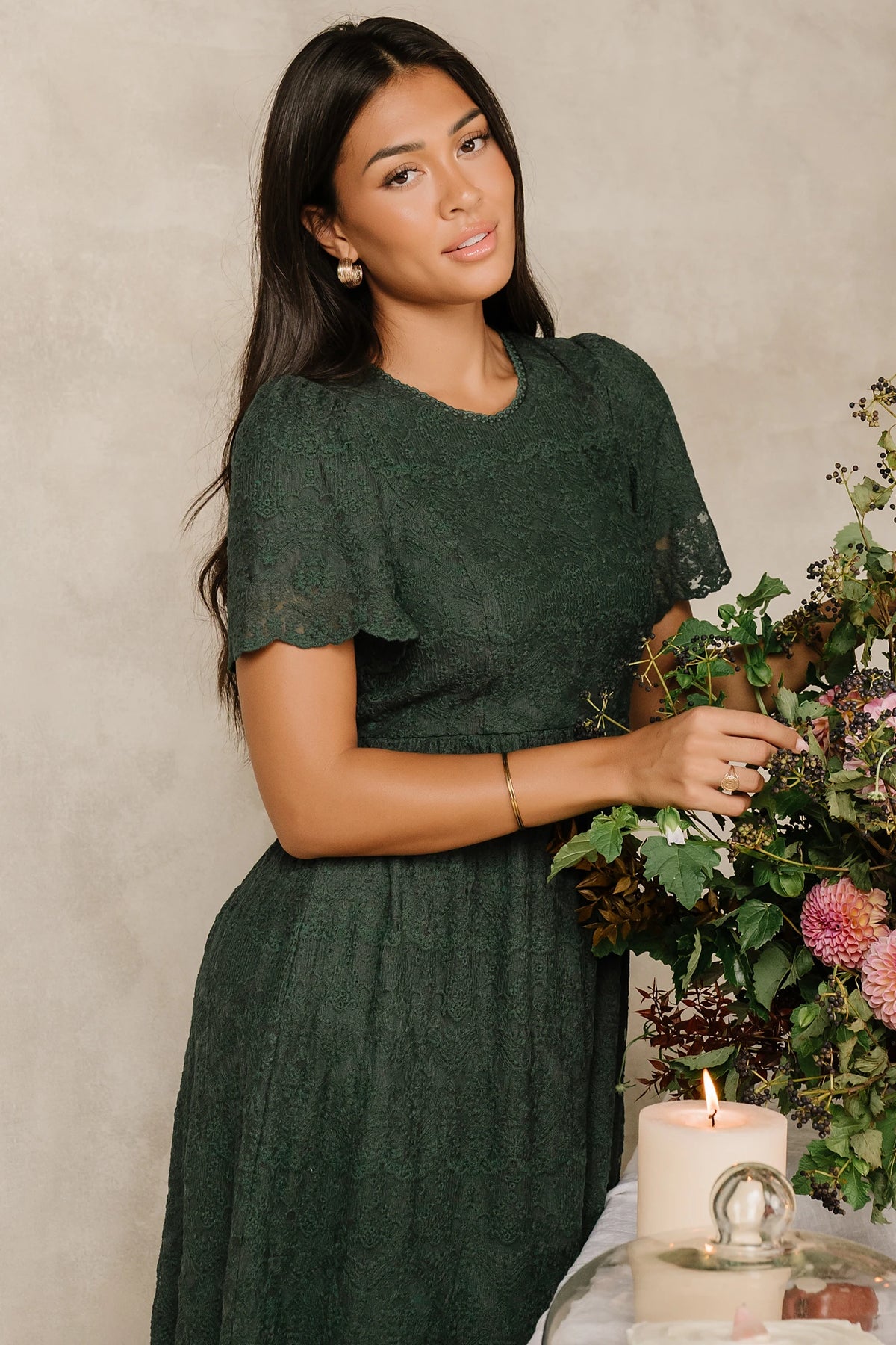 Yvaine Lace Midi Dress | Emerald