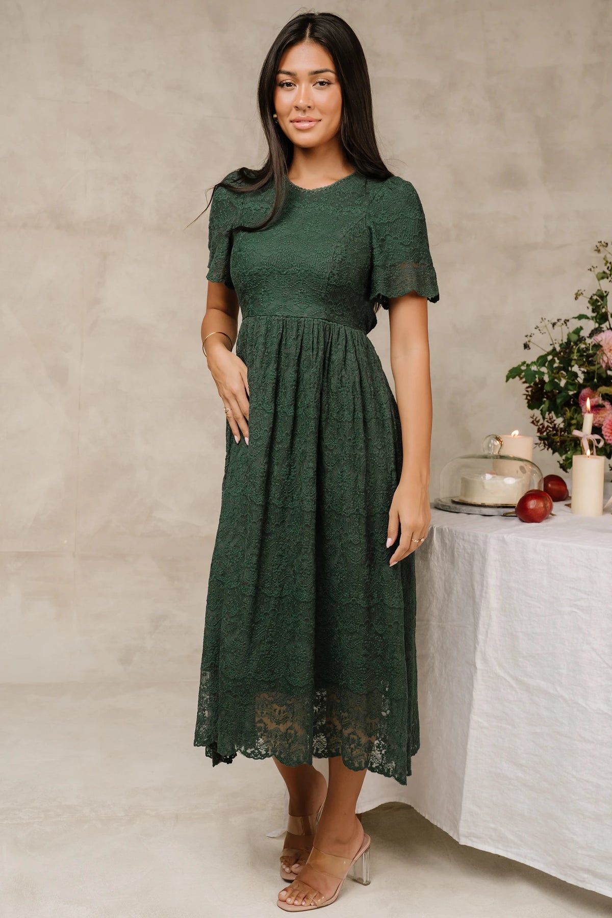 Yvaine Lace Midi Dress | Emerald