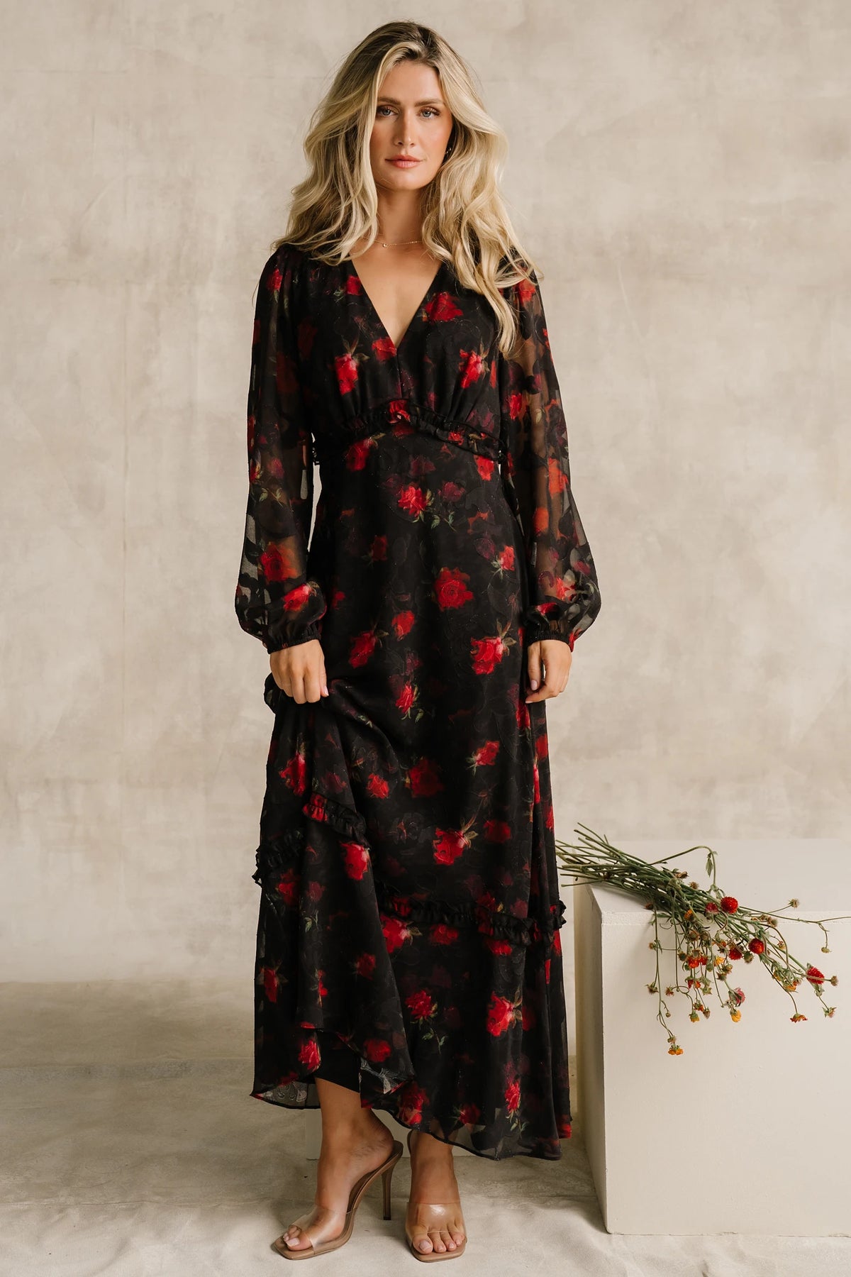 Avalora Midi Dress | Black Rose Floral