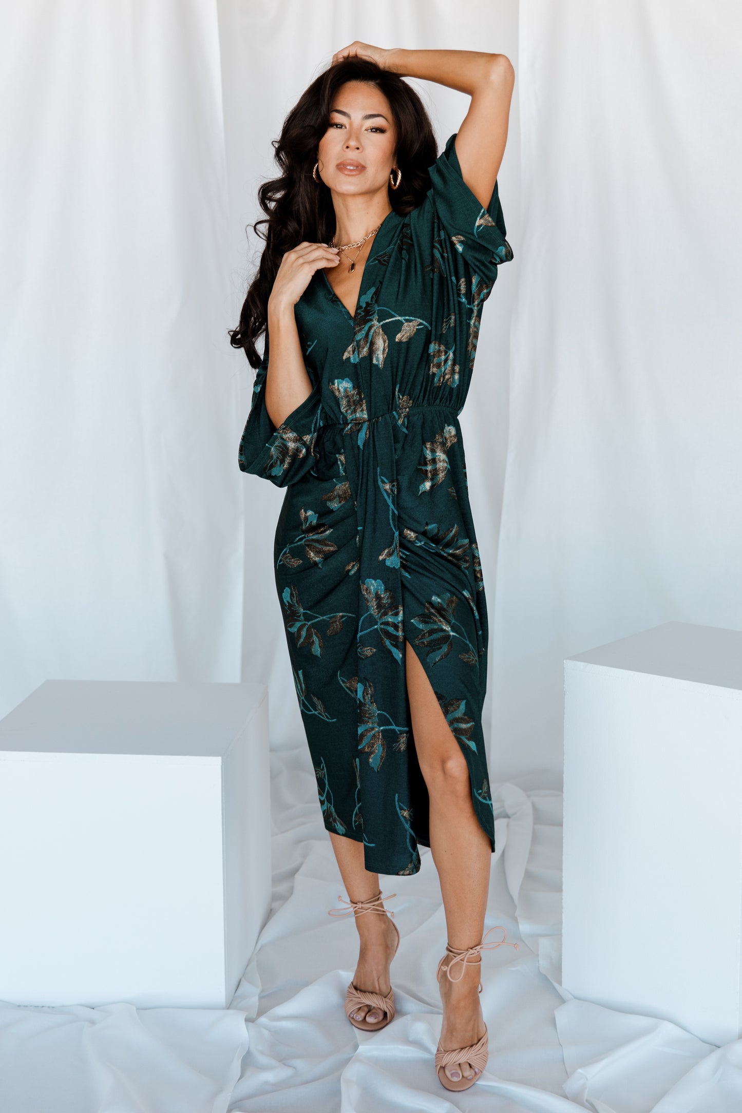 Shaneen Ruched Midi Dress | Jade Floral Shimmer