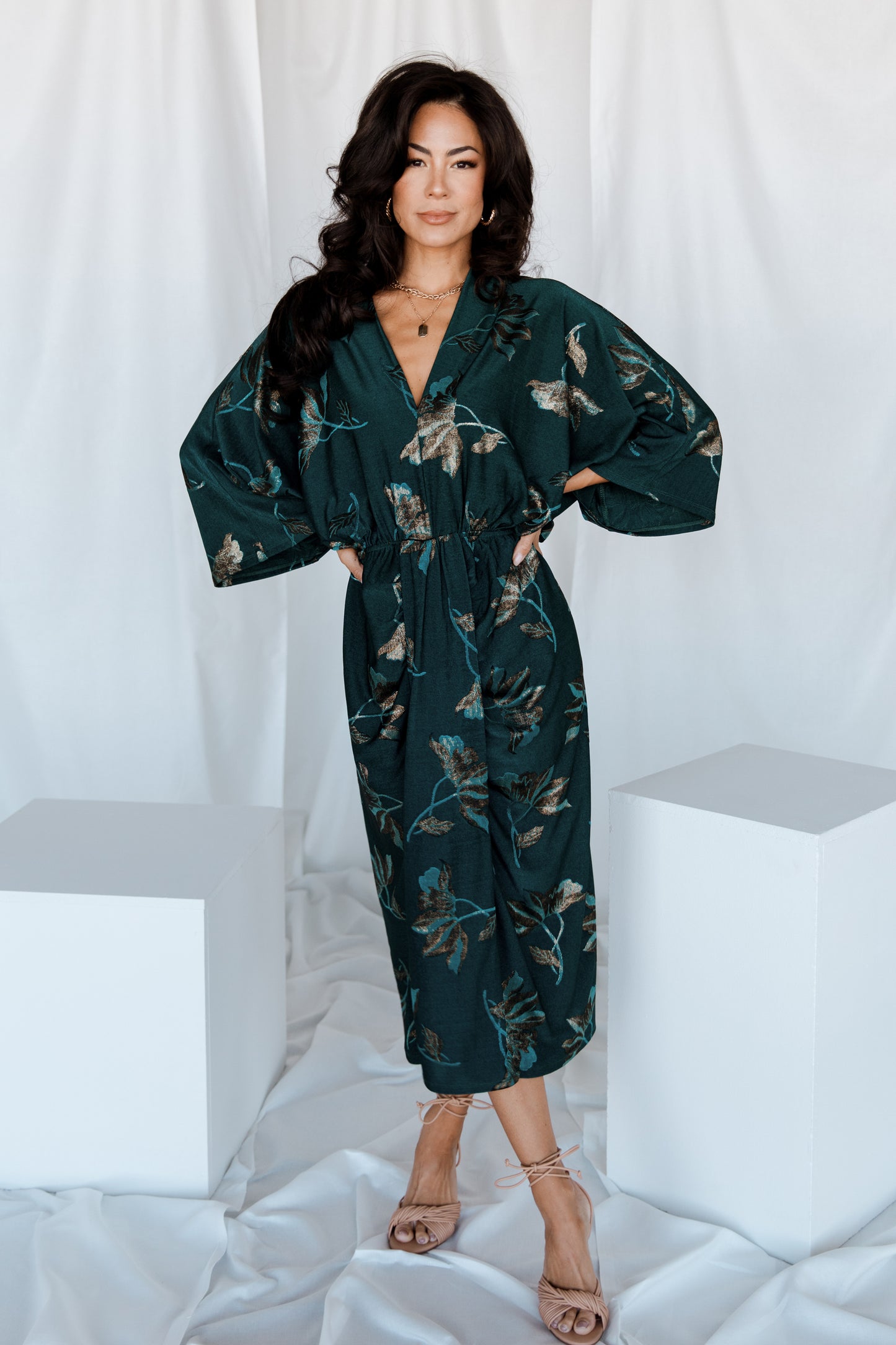 Shaneen Ruched Midi Dress | Jade Floral Shimmer