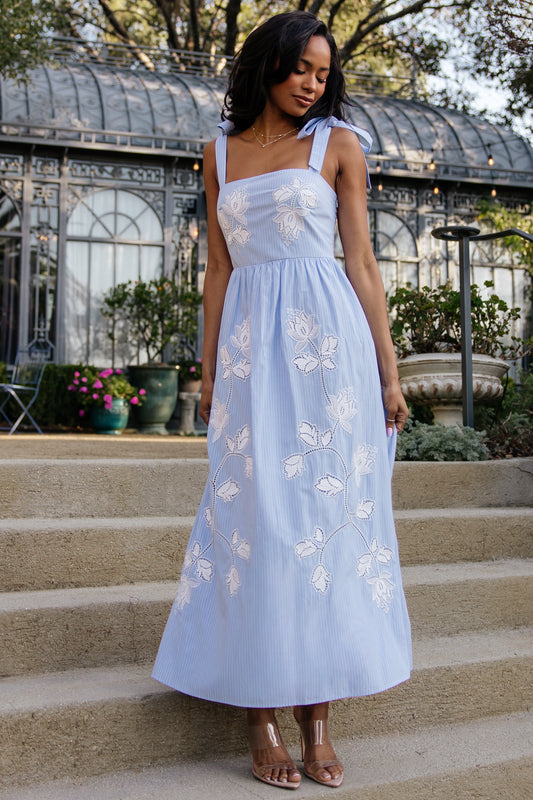 Enora Embroidered Maxi Dress | Blue + White Floral