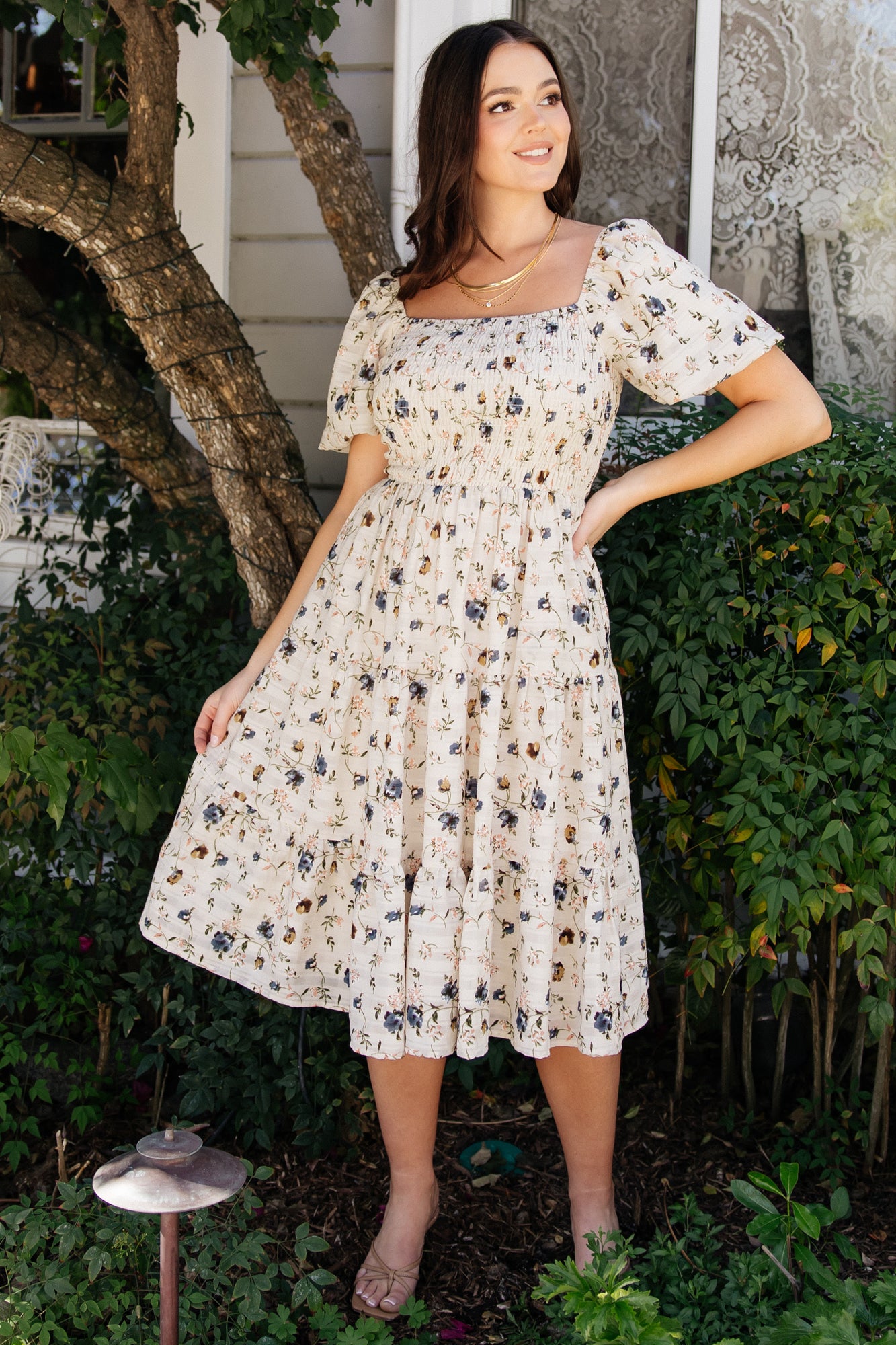 Mattea Smocked Midi Dress | Beige Floral
