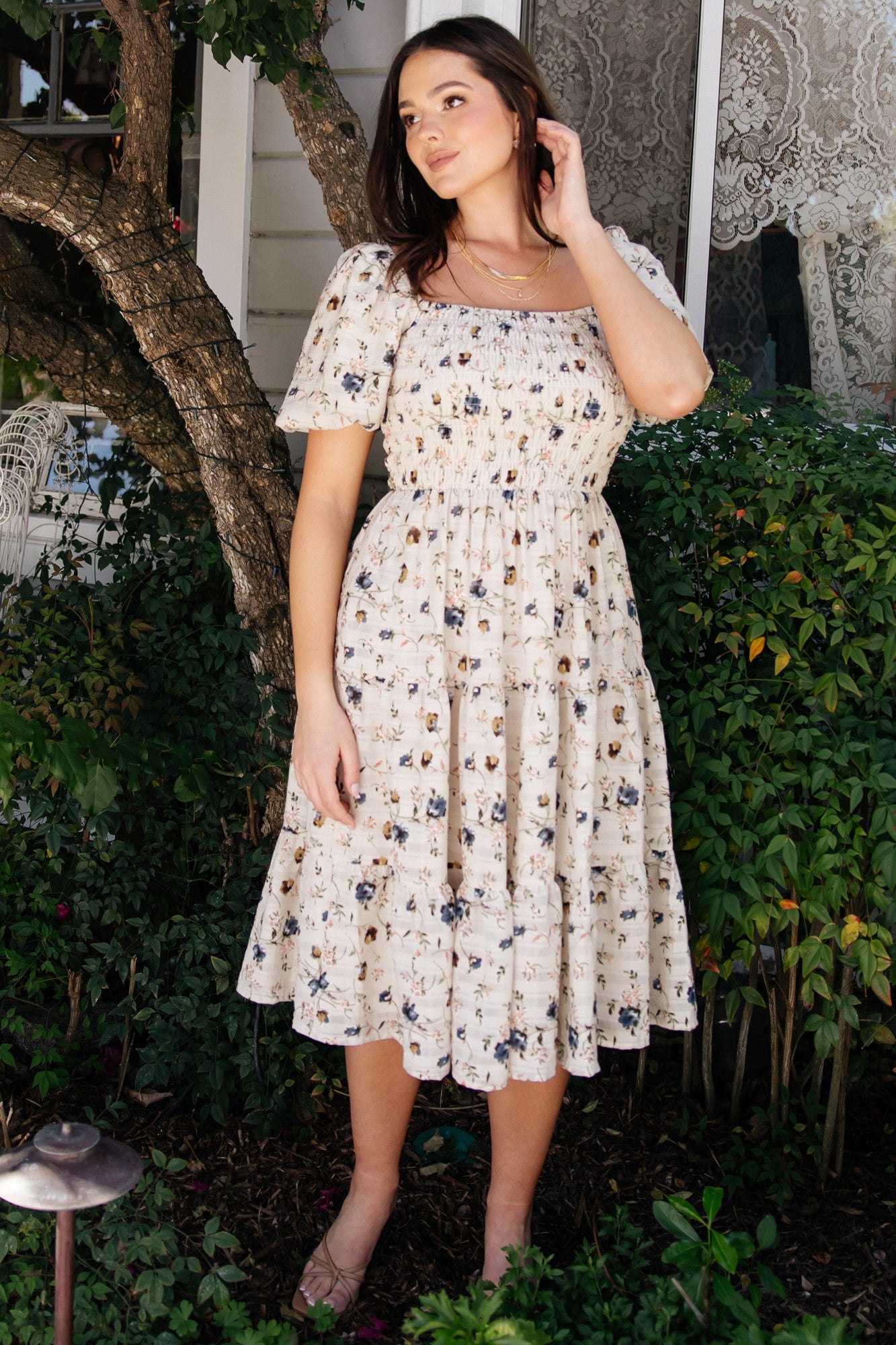 Mattea Smocked Midi Dress, Beige Floral