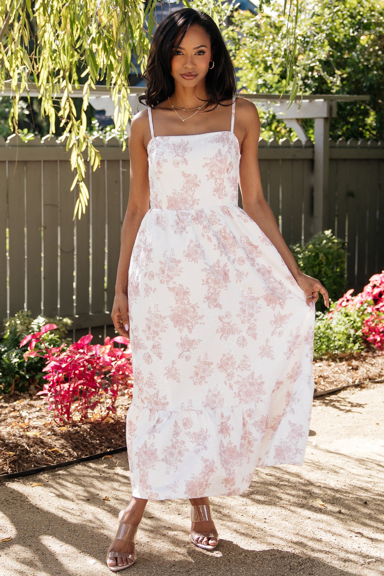 Cherie Jacquard Dress | Off White + Pink Floral