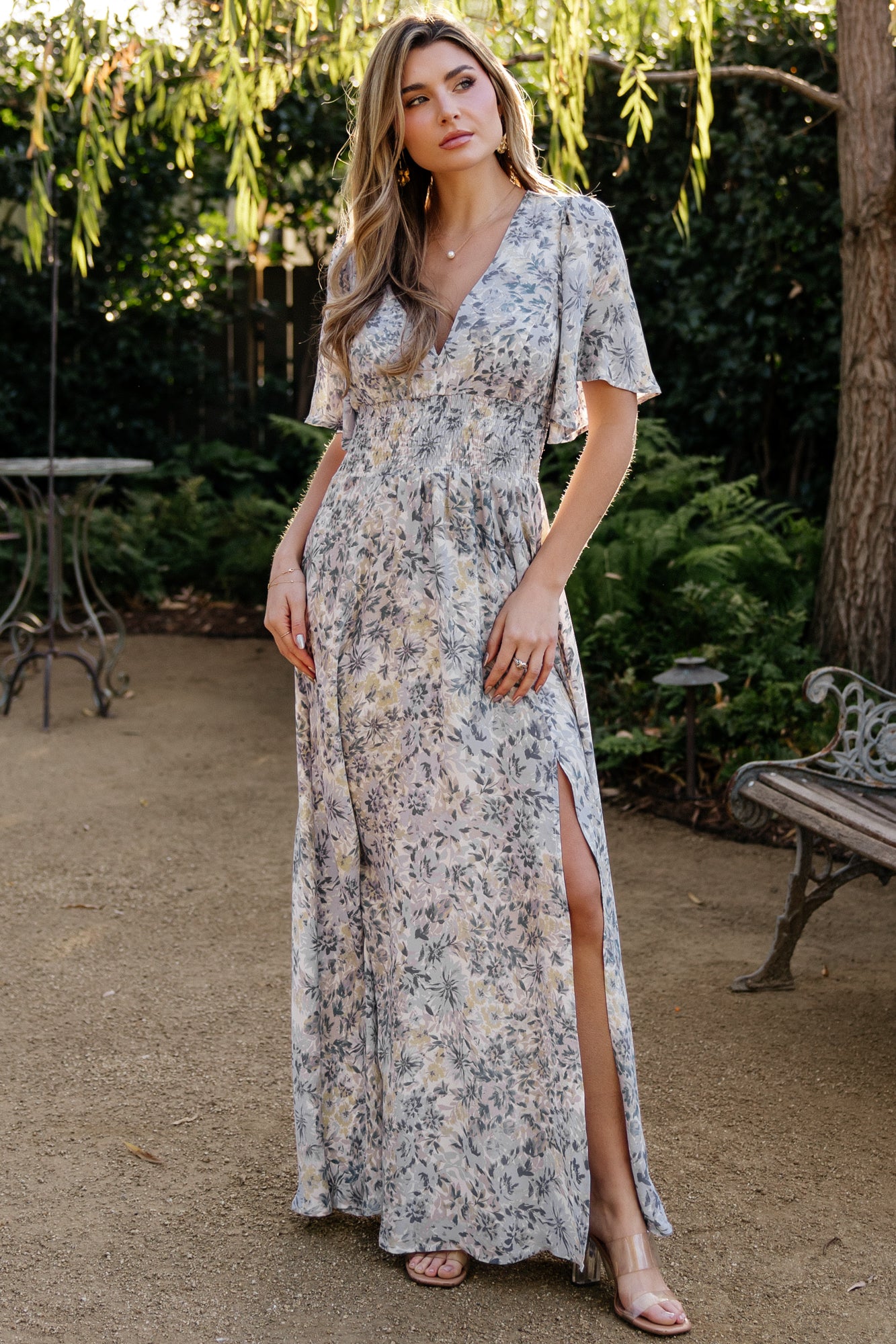 Verona Smocked Maxi Dress | White + Blue Print