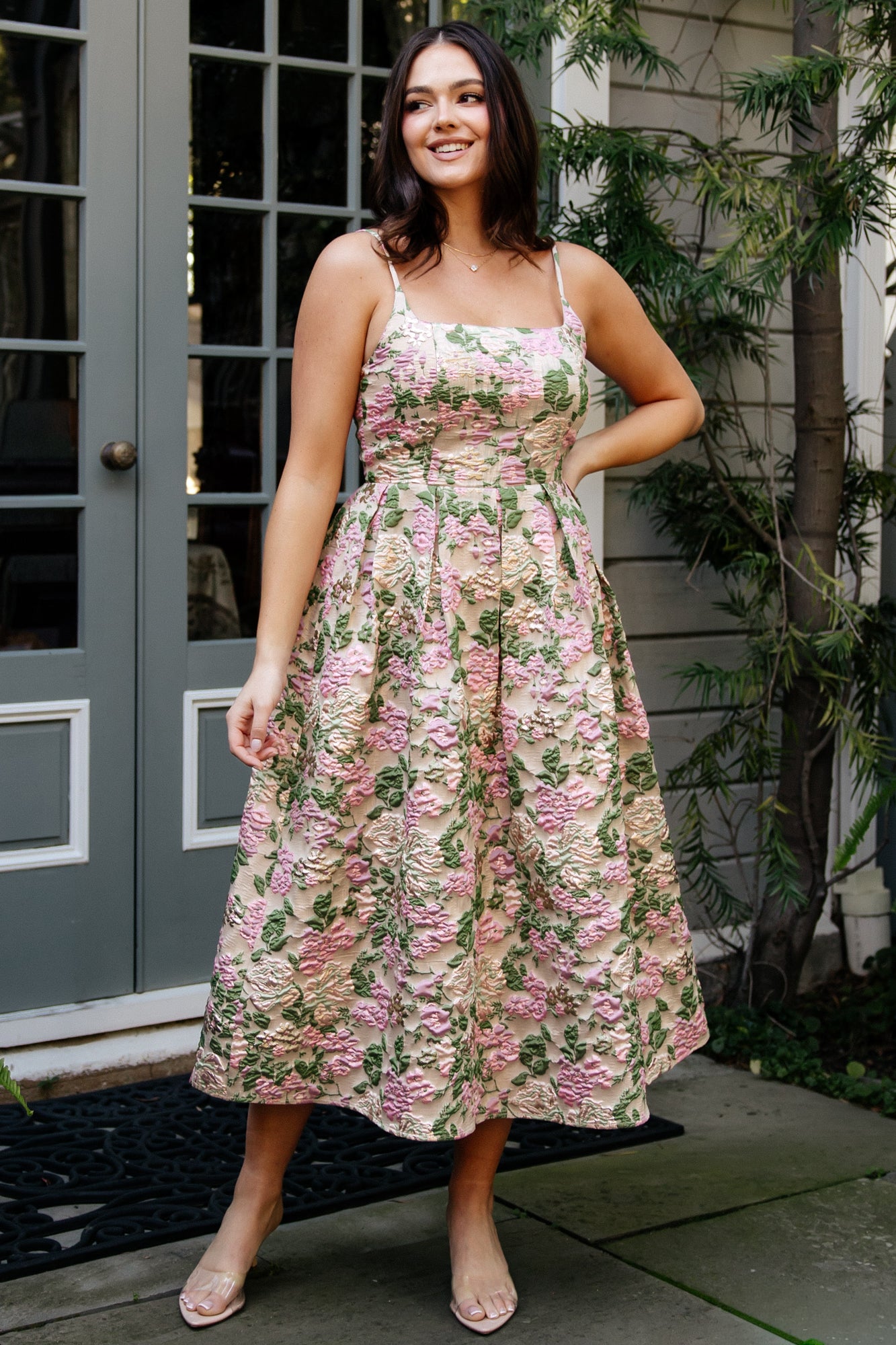 Baltic Born Womens Antoinette Embossed Midi Dress | Champagne Multi Floral