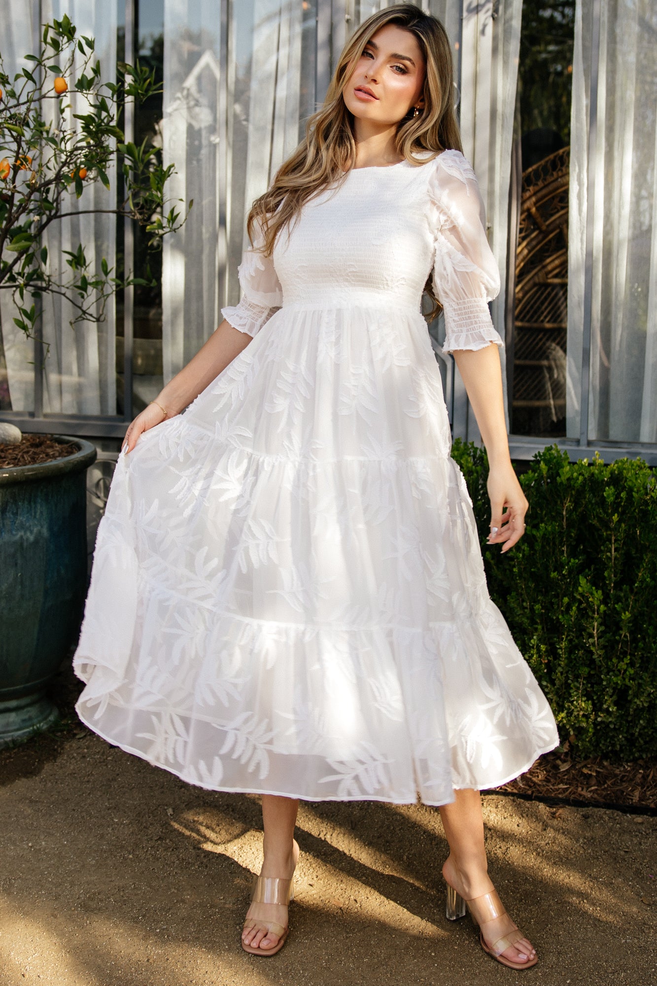 white midi dress with sleeves The Flutter-Sleeve in Stretch Linen Hidden back zipper/clasp how to style a white