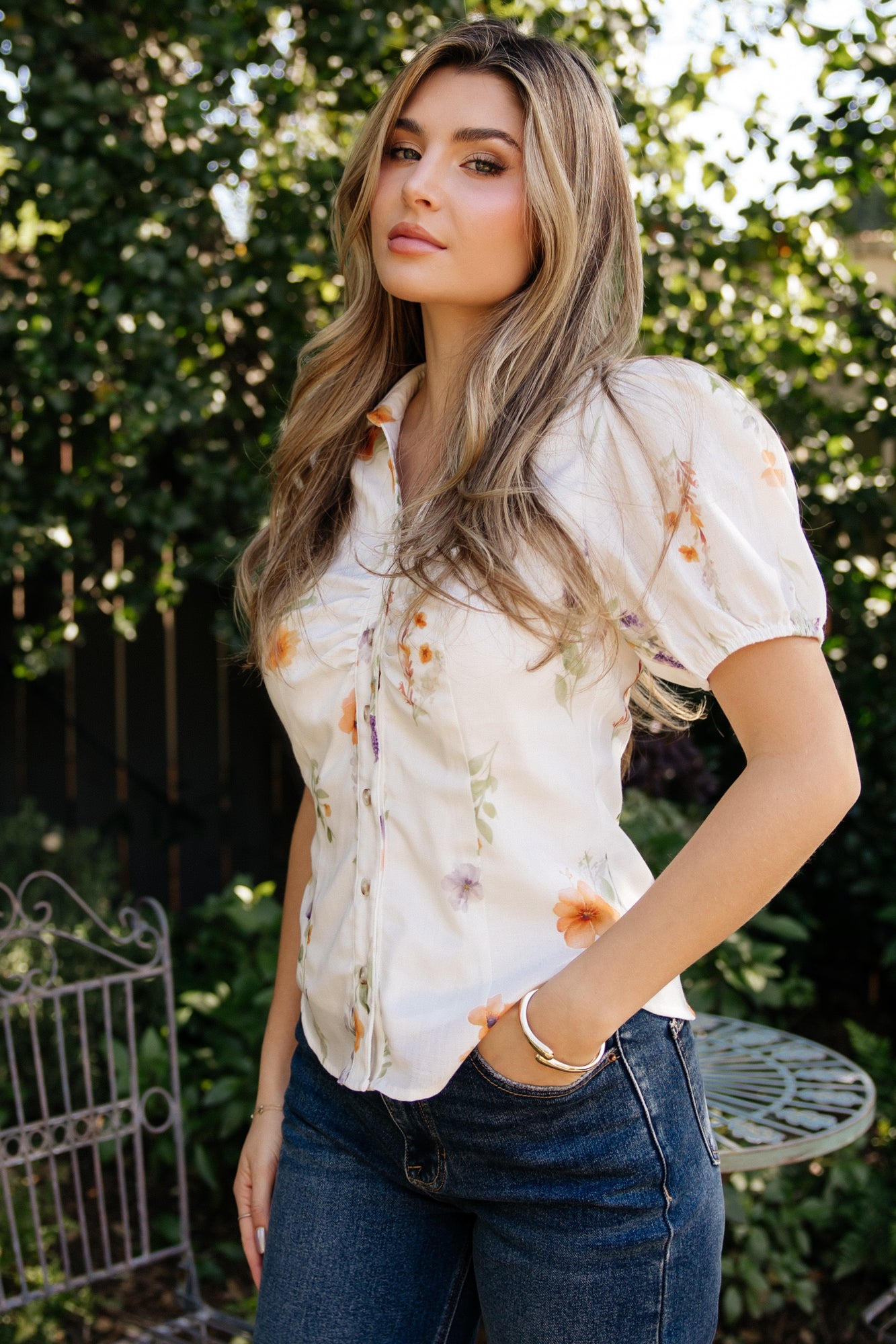 Fiona Button Up Blouse | Off White + Multi Floral